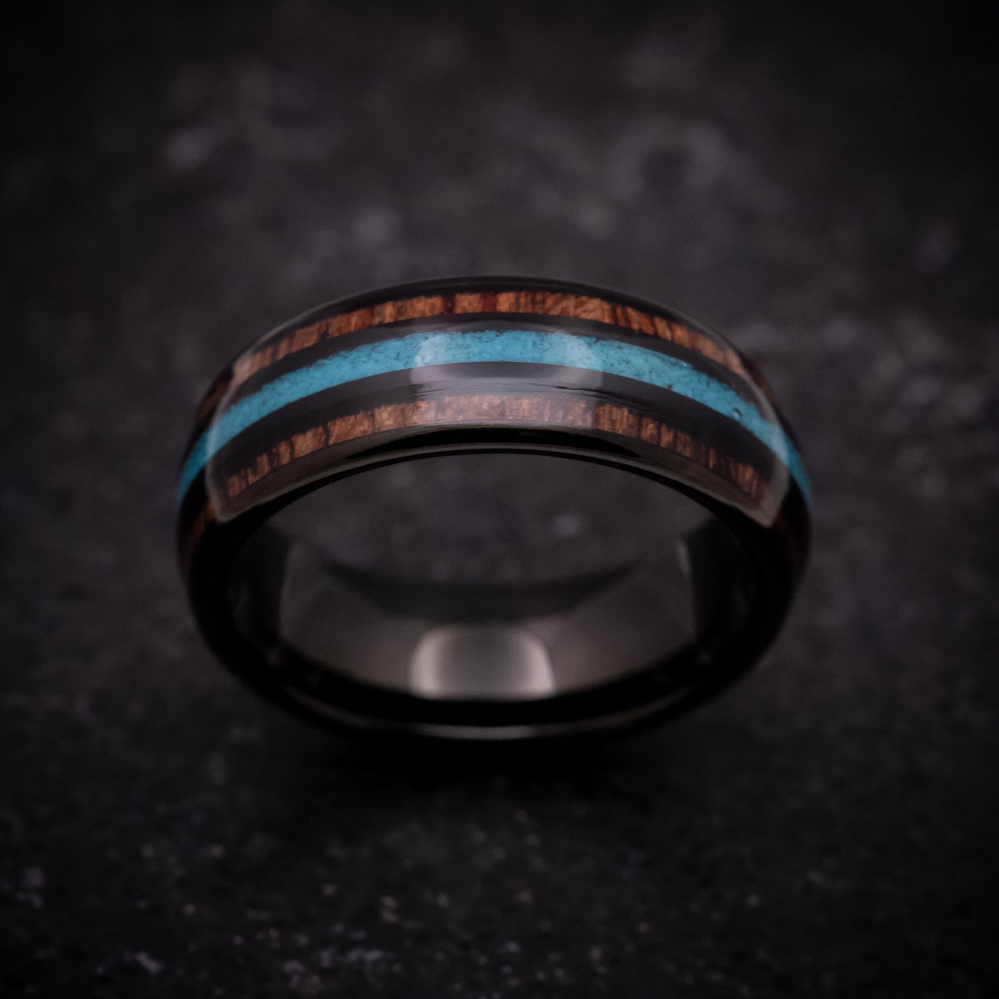 Black Tungsten Ring with Hawaiian Koa Wood and Turquoise Inlays