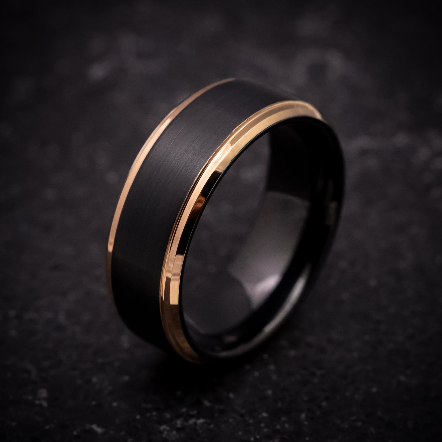Black Tungsten Ring with Rose Gold Edges