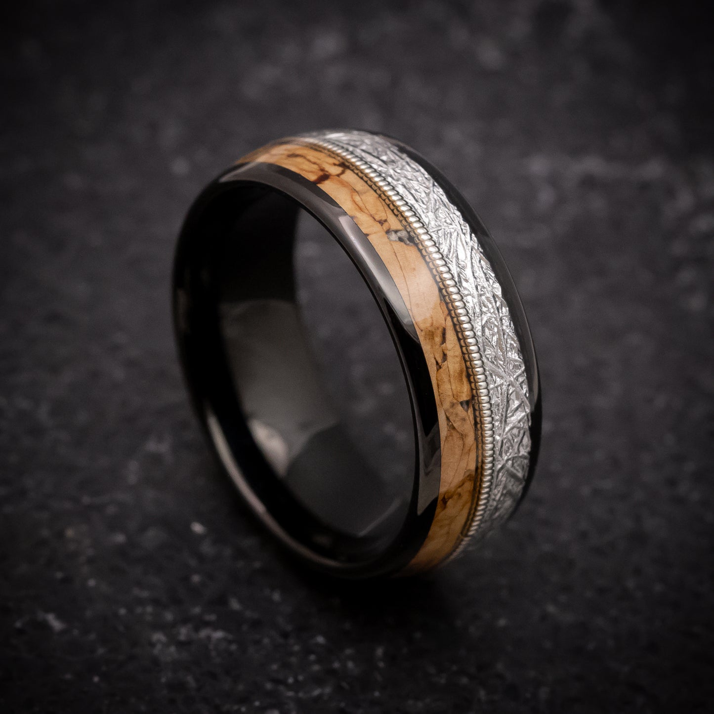 Black Tungsten Ring with Faux Meteorite, Cork Wood and Guitar String Inlays