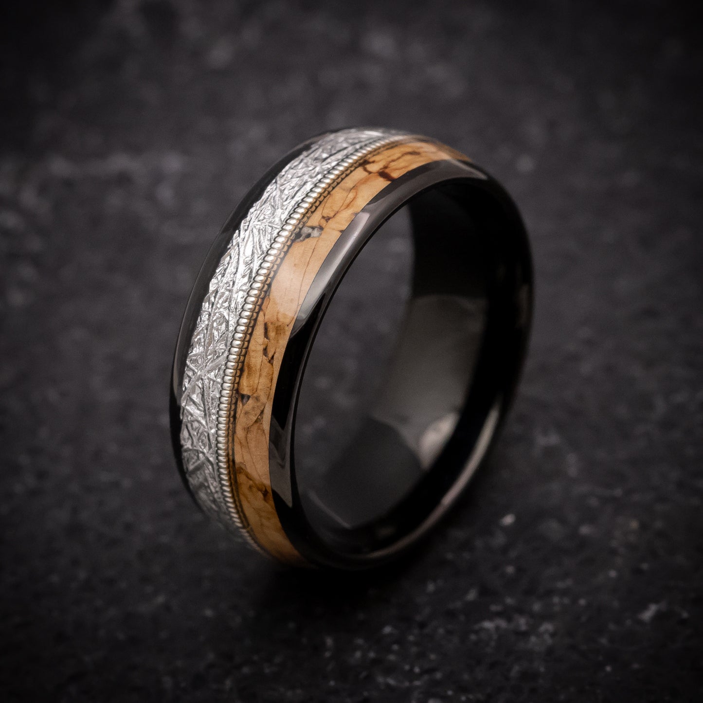 Black Tungsten Ring with Faux Meteorite, Cork Wood and Guitar String Inlays