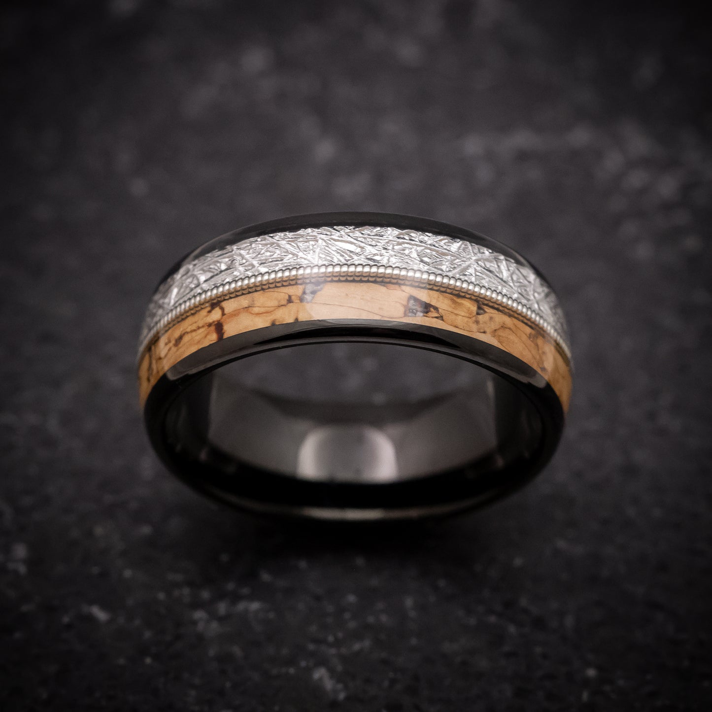 Black Tungsten Ring with Faux Meteorite, Cork Wood and Guitar String Inlays