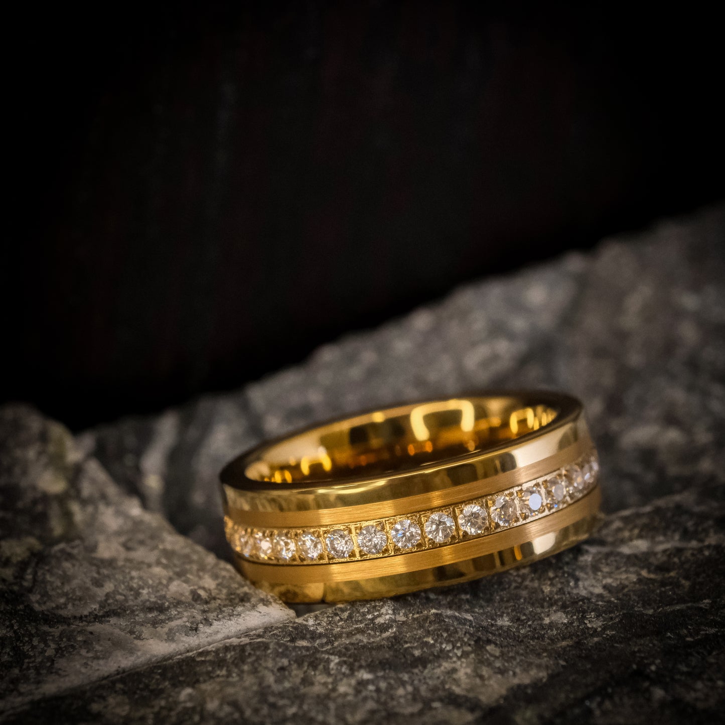 Yellow Gold Tungsten Ring with White Stones