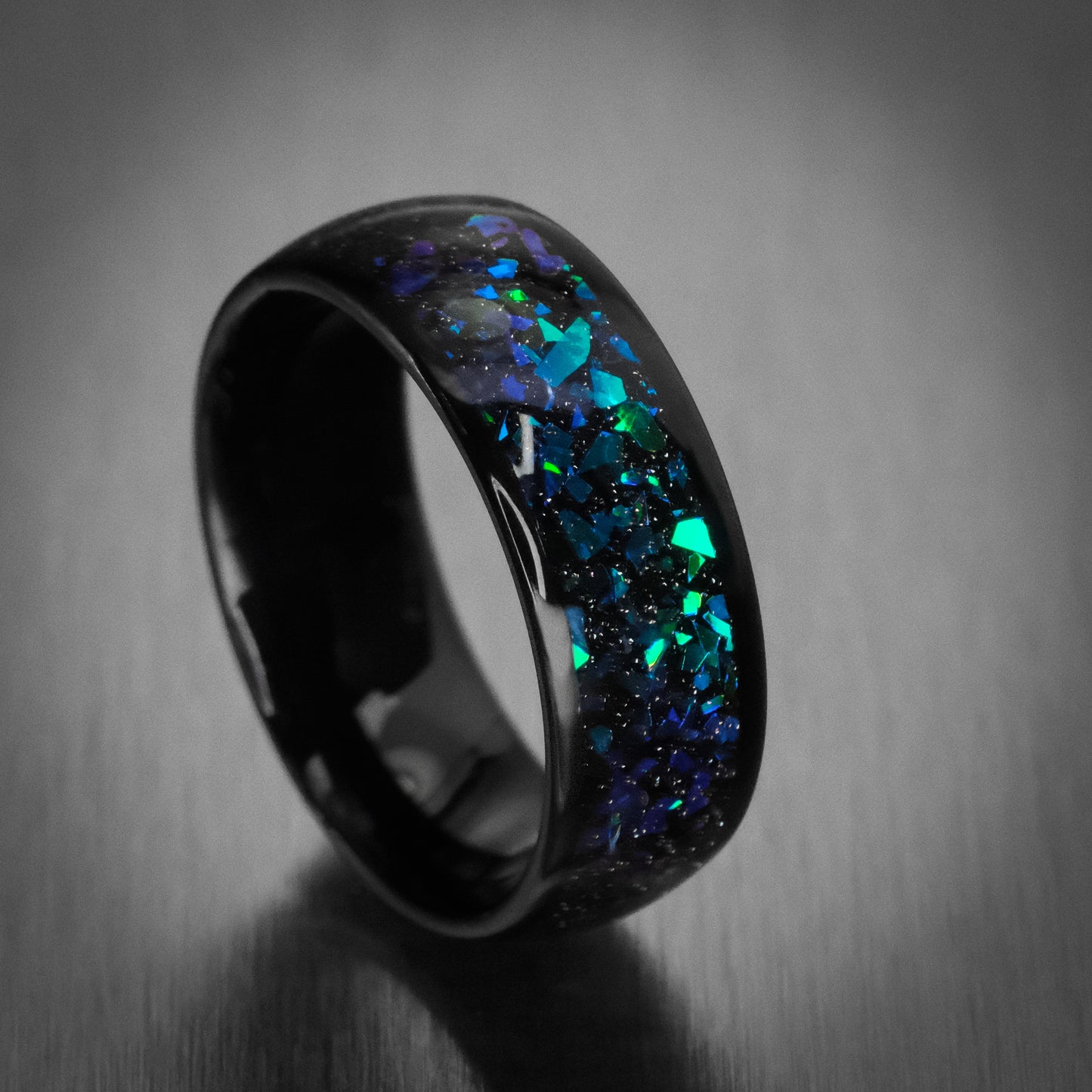 Black Tungsten Ring with Opal and Abalone Inlay