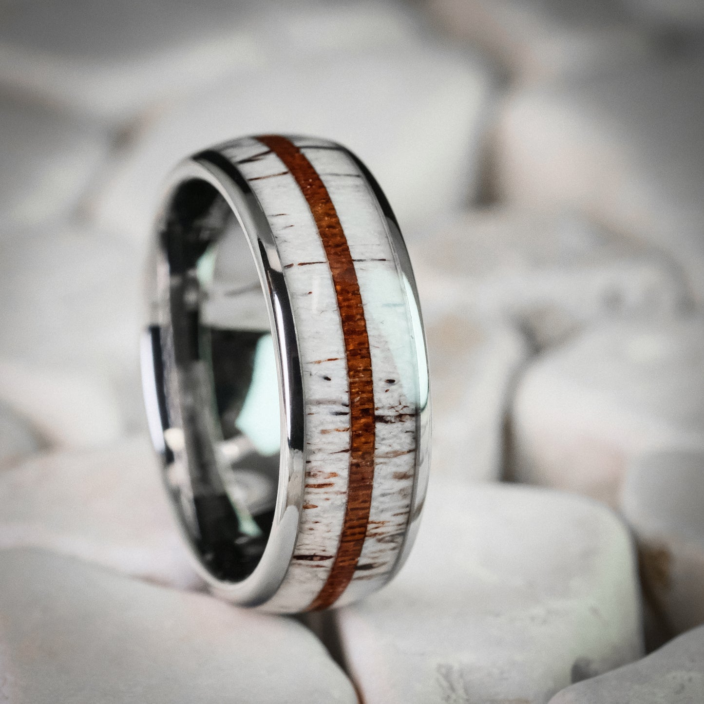 Tungsten Ring with Antler and Wood Inlays