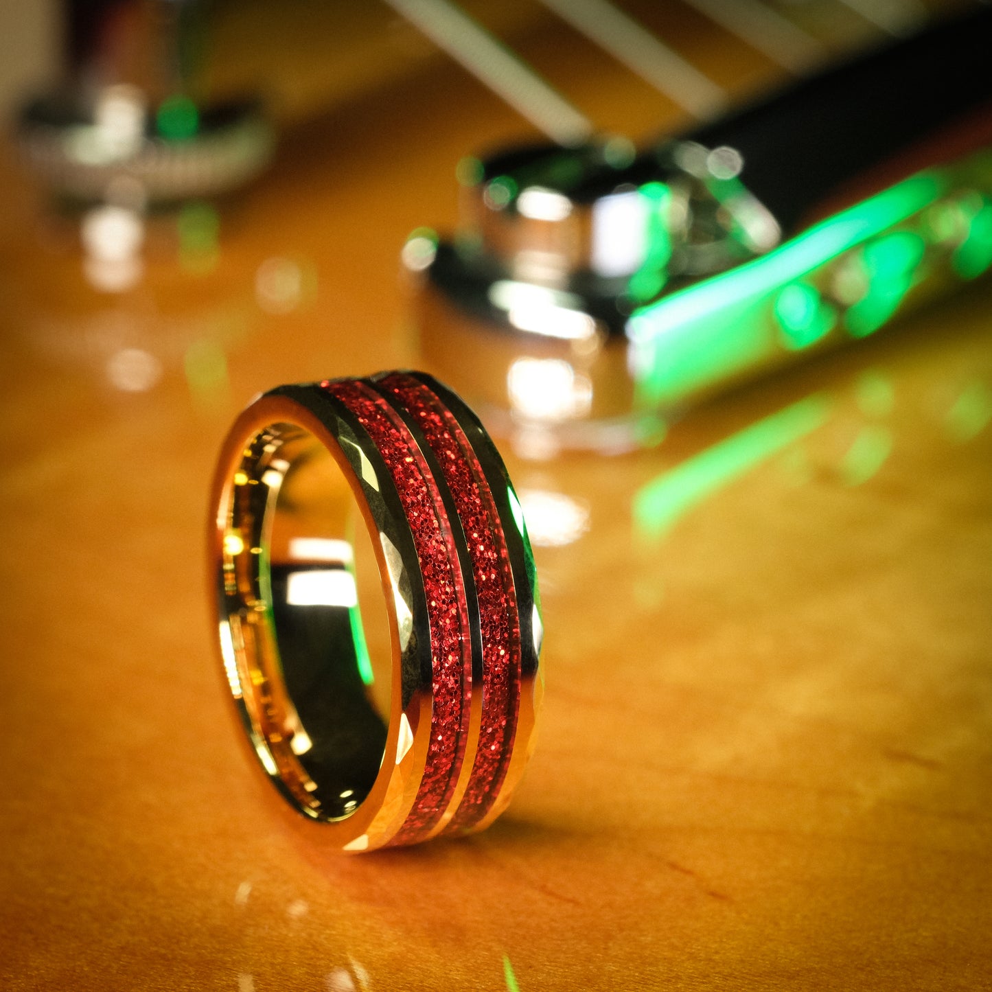 Yellow Gold Tungsten Ring with Red Spark Inlay