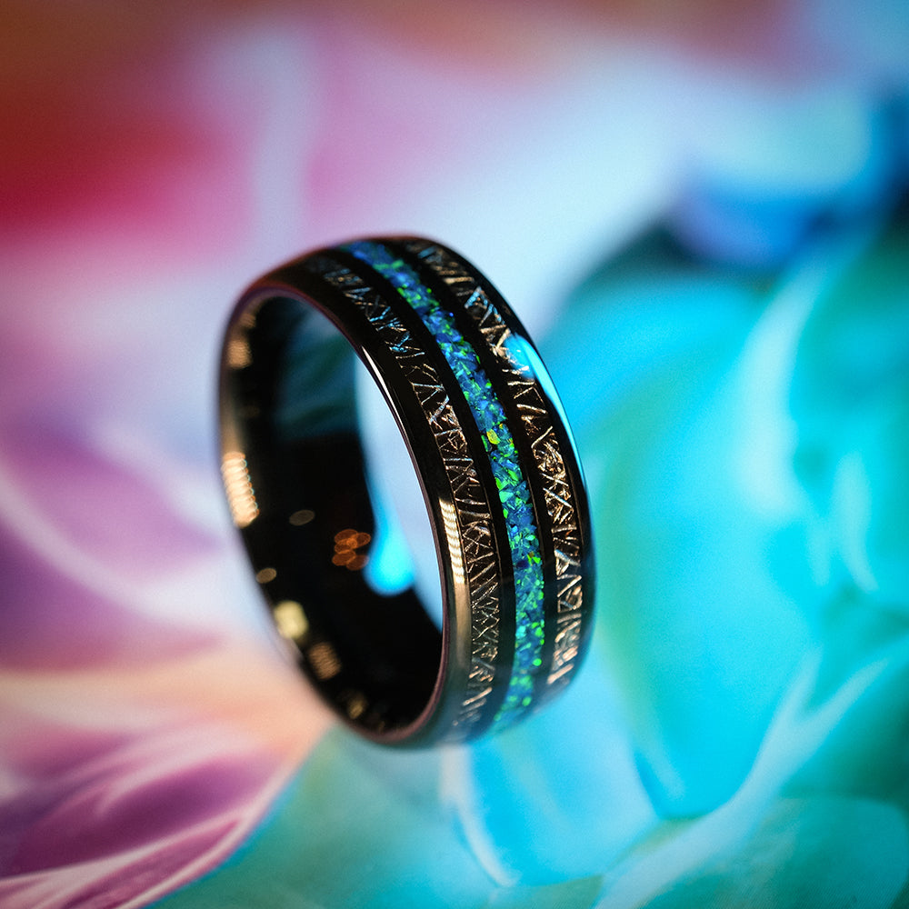 Black Tungsten Ring with Titanium Shavings and Opal Inlays