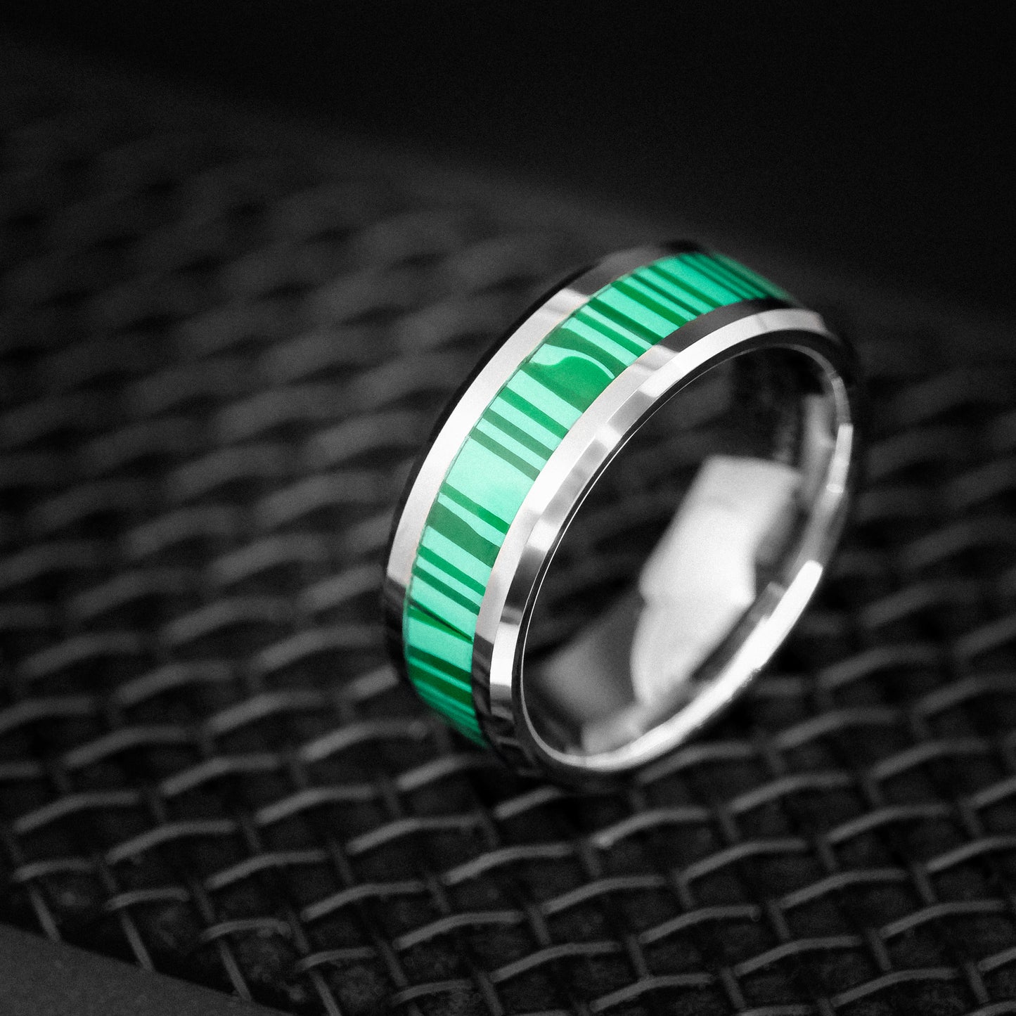 Tungsten Ring with Green Bamboo Pattern Inlay