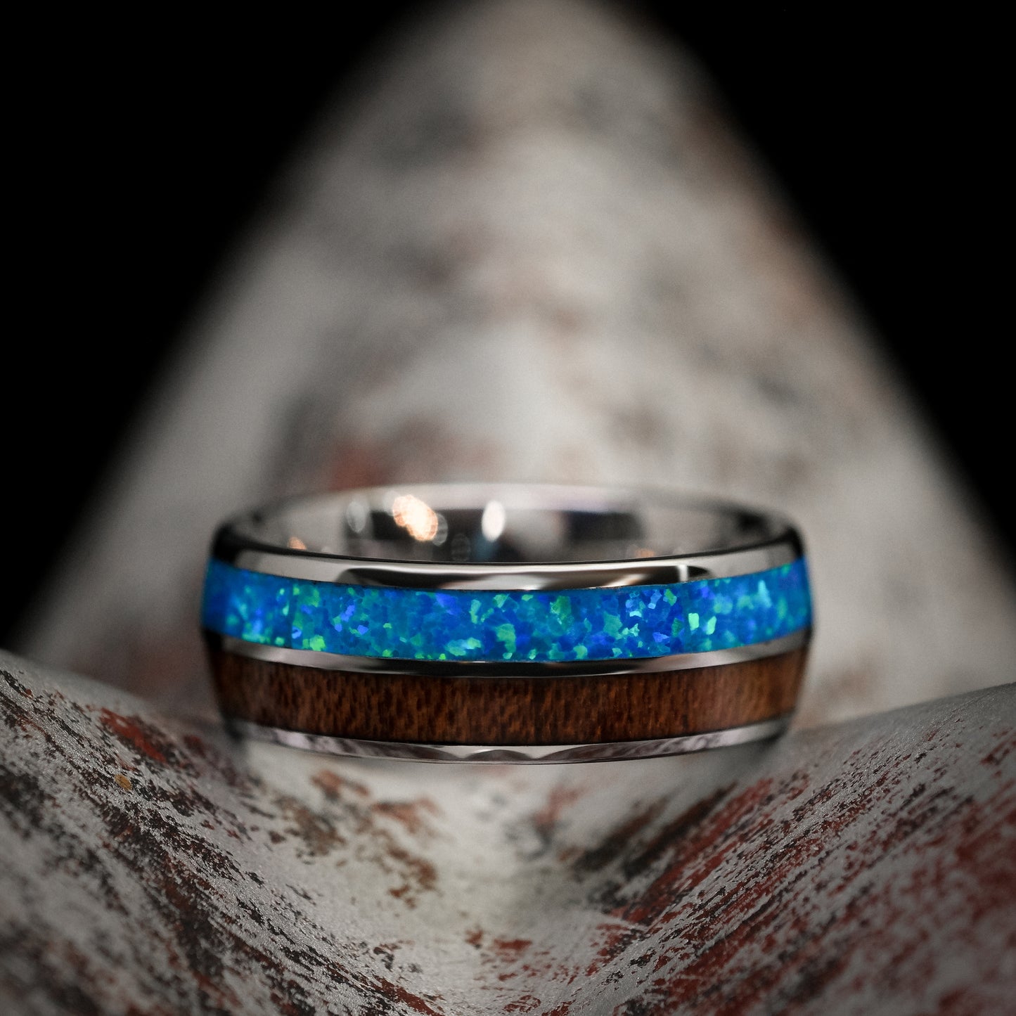 Tungsten Ring with Opal and Hawaiian Koa Wood Inlays