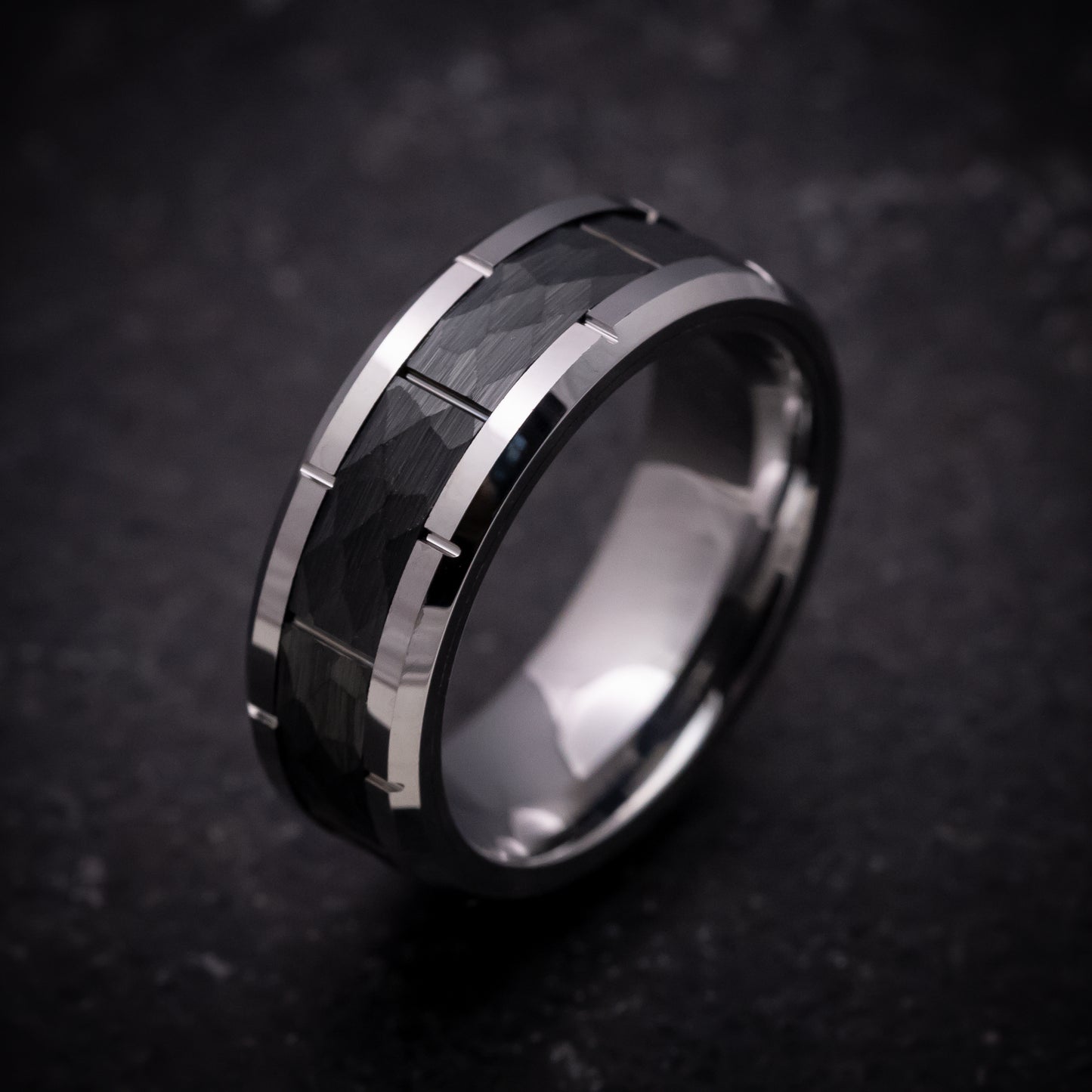 Tungsten and Black Tungsten Hammered Ring