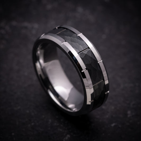 Tungsten and Black Tungsten Hammered Ring