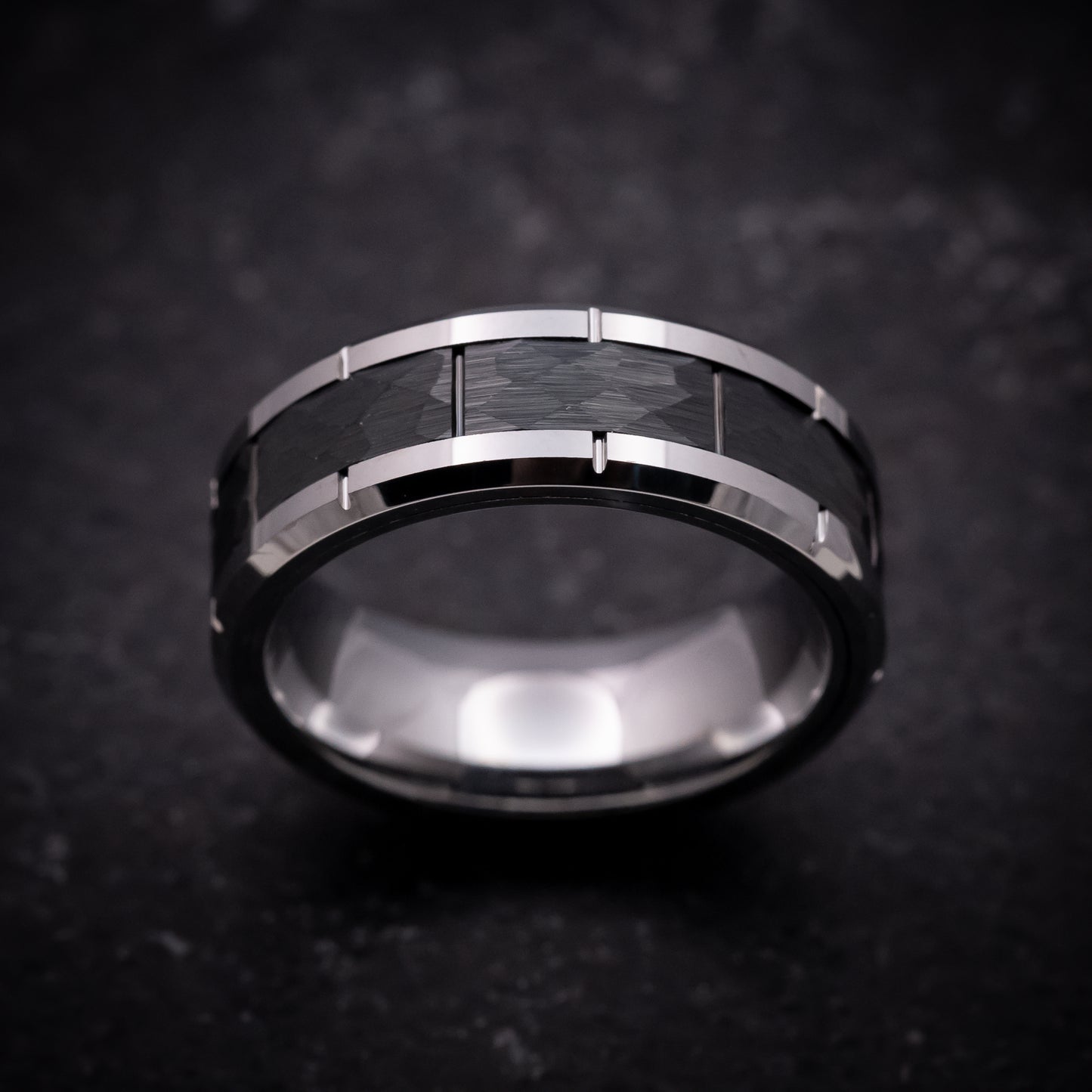 Tungsten and Black Tungsten Hammered Ring