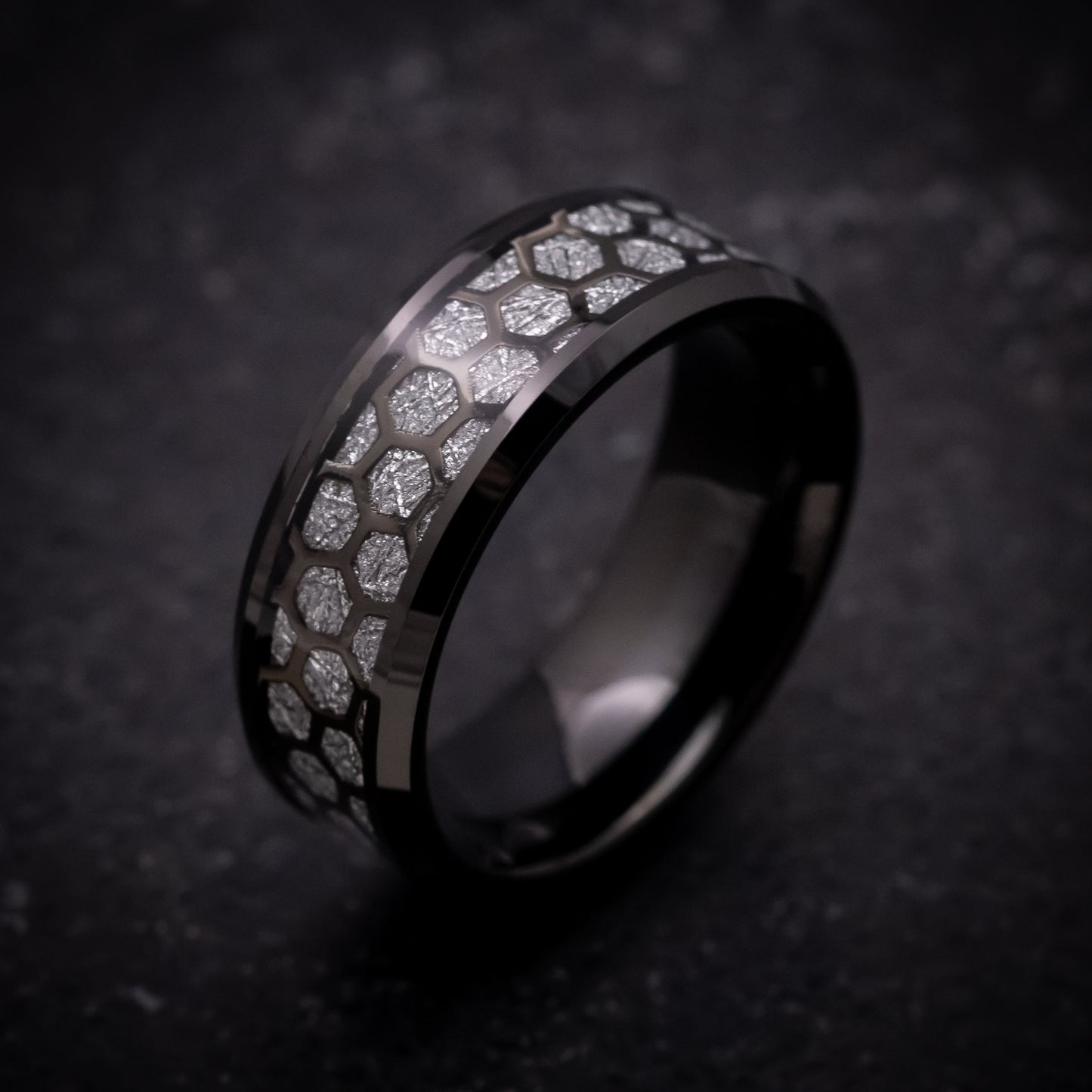 Black Tungsten Ring with Faux Meteorite and Honeycomb Pattern