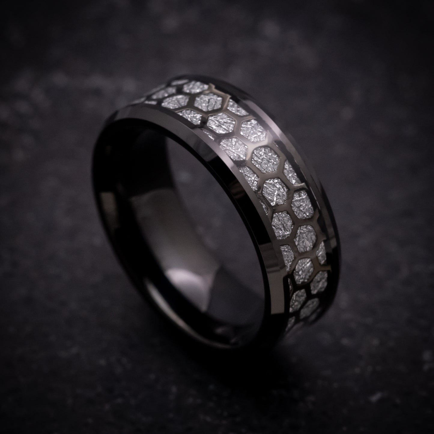 Black Tungsten Ring with Faux Meteorite and Honeycomb Pattern