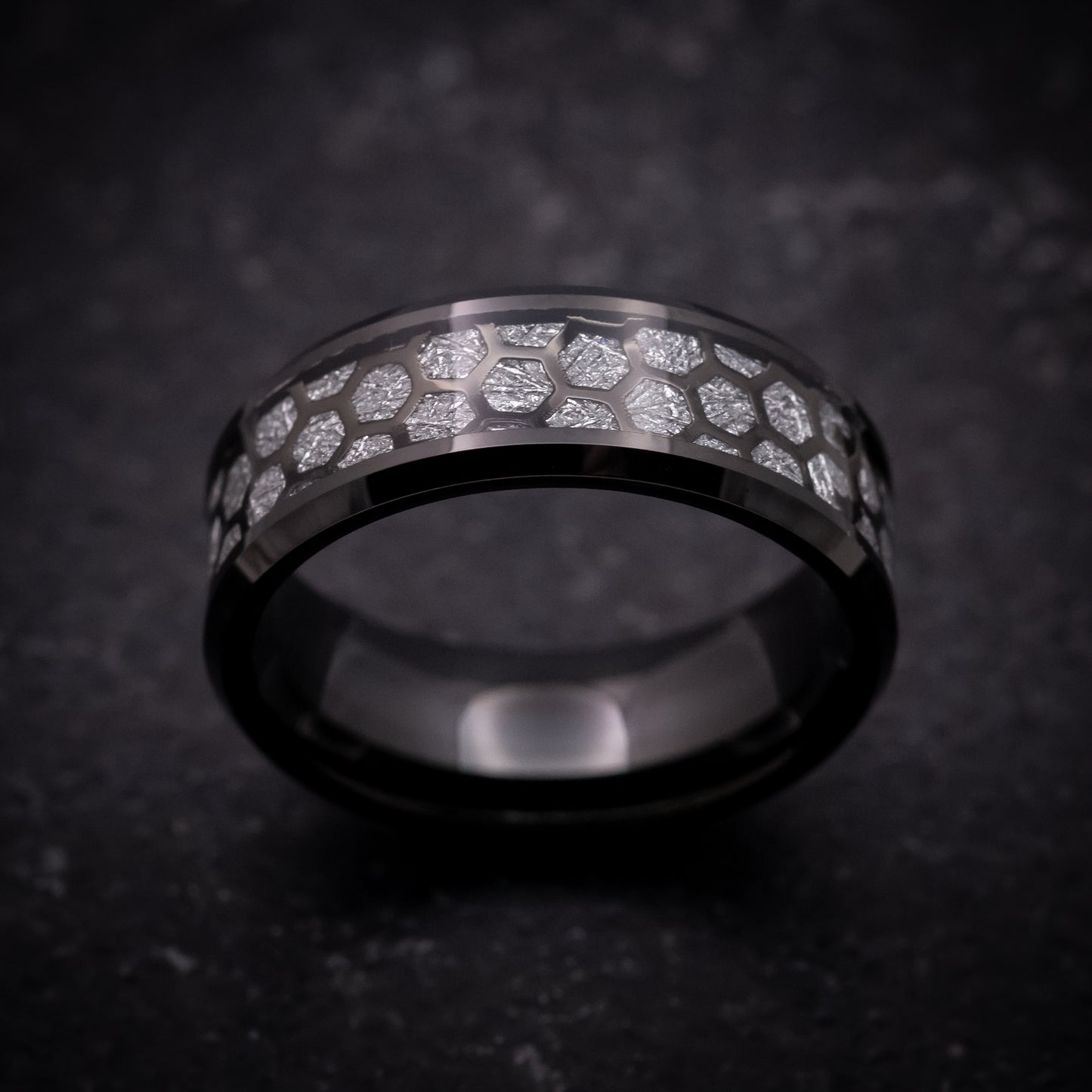 Black Tungsten Ring with Faux Meteorite and Honeycomb Pattern