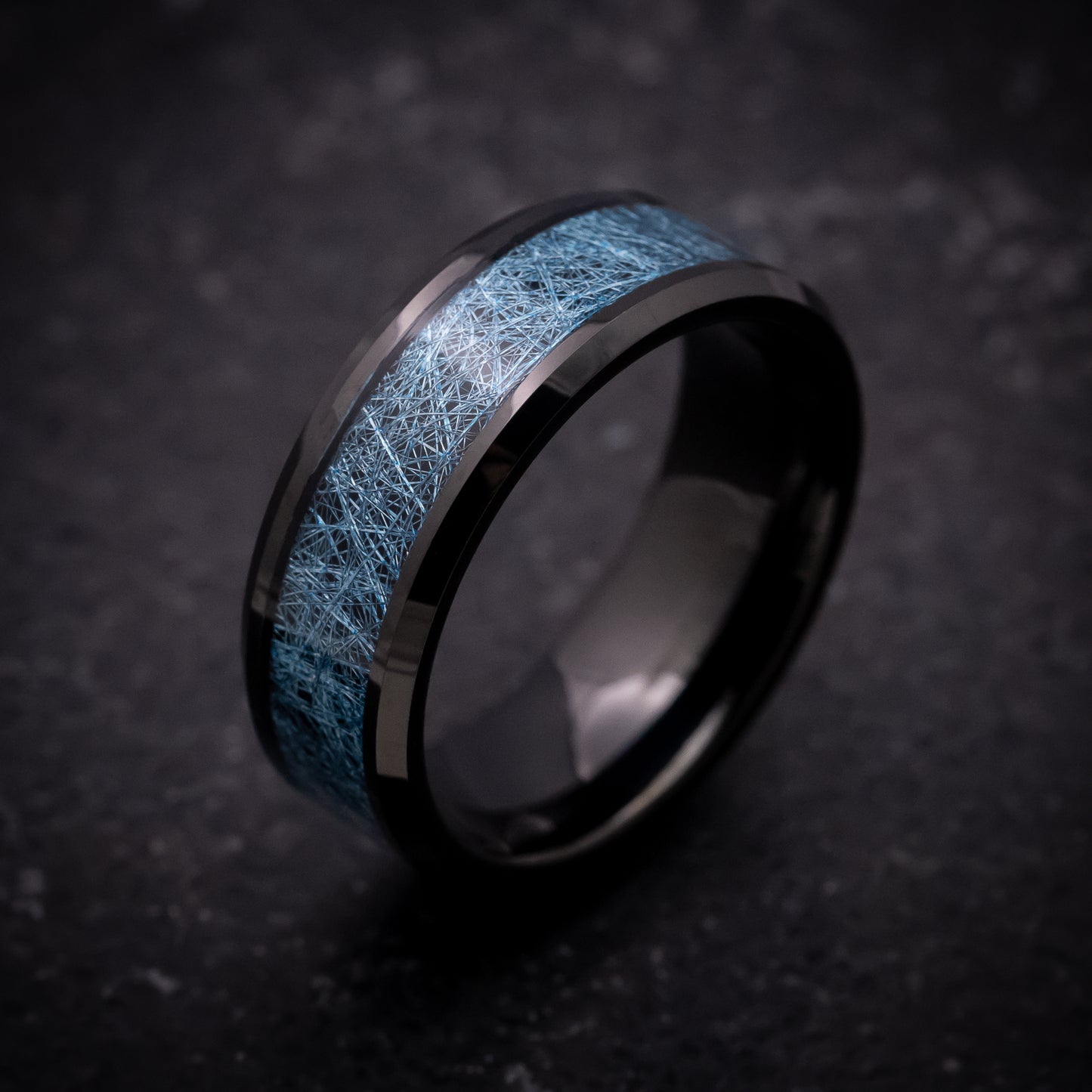 Black Tungsten Ring with Blue Silk Inlay