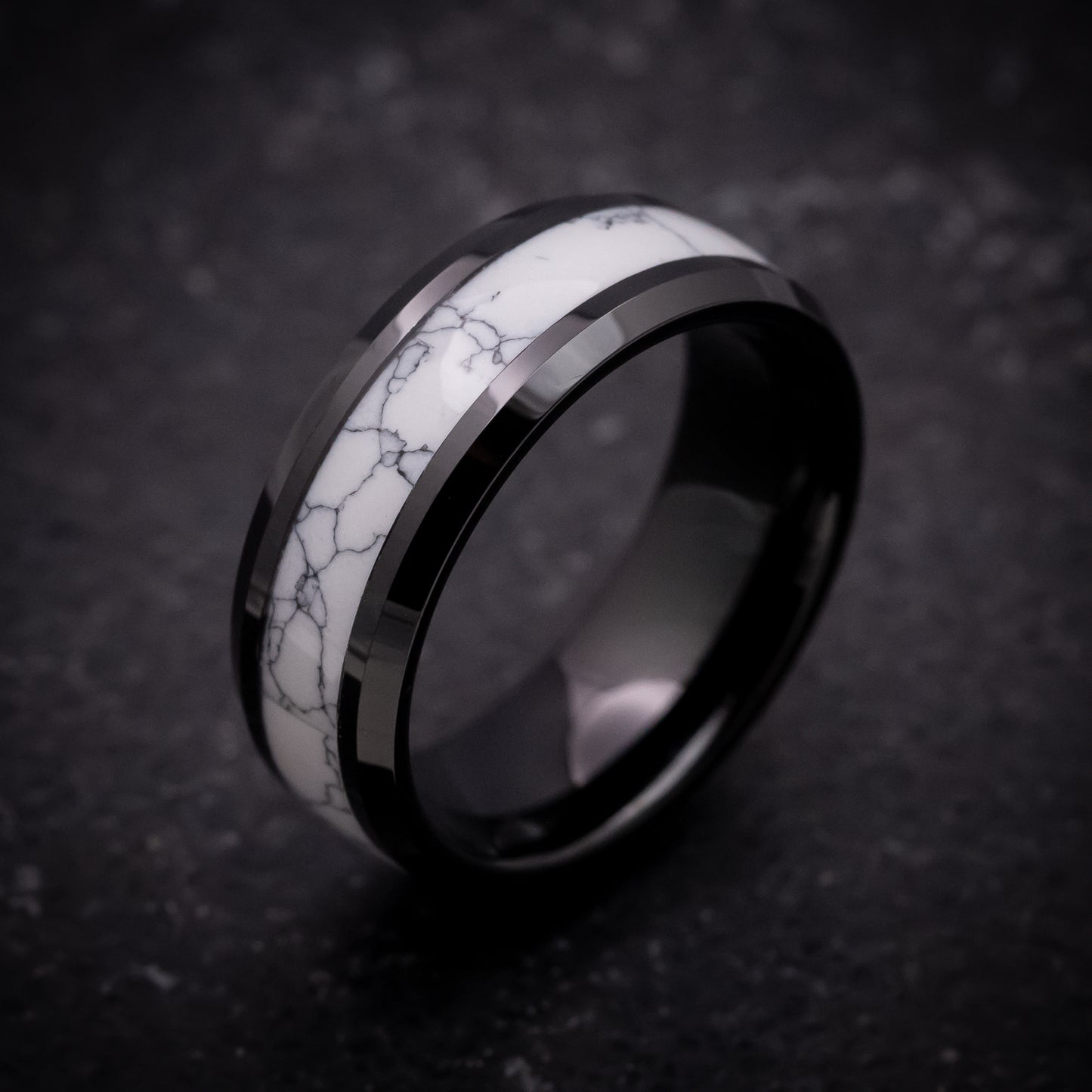 Black Tungsten Ring with White Marble Inlay