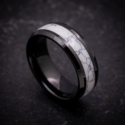 Black Tungsten Ring with White Marble Inlay