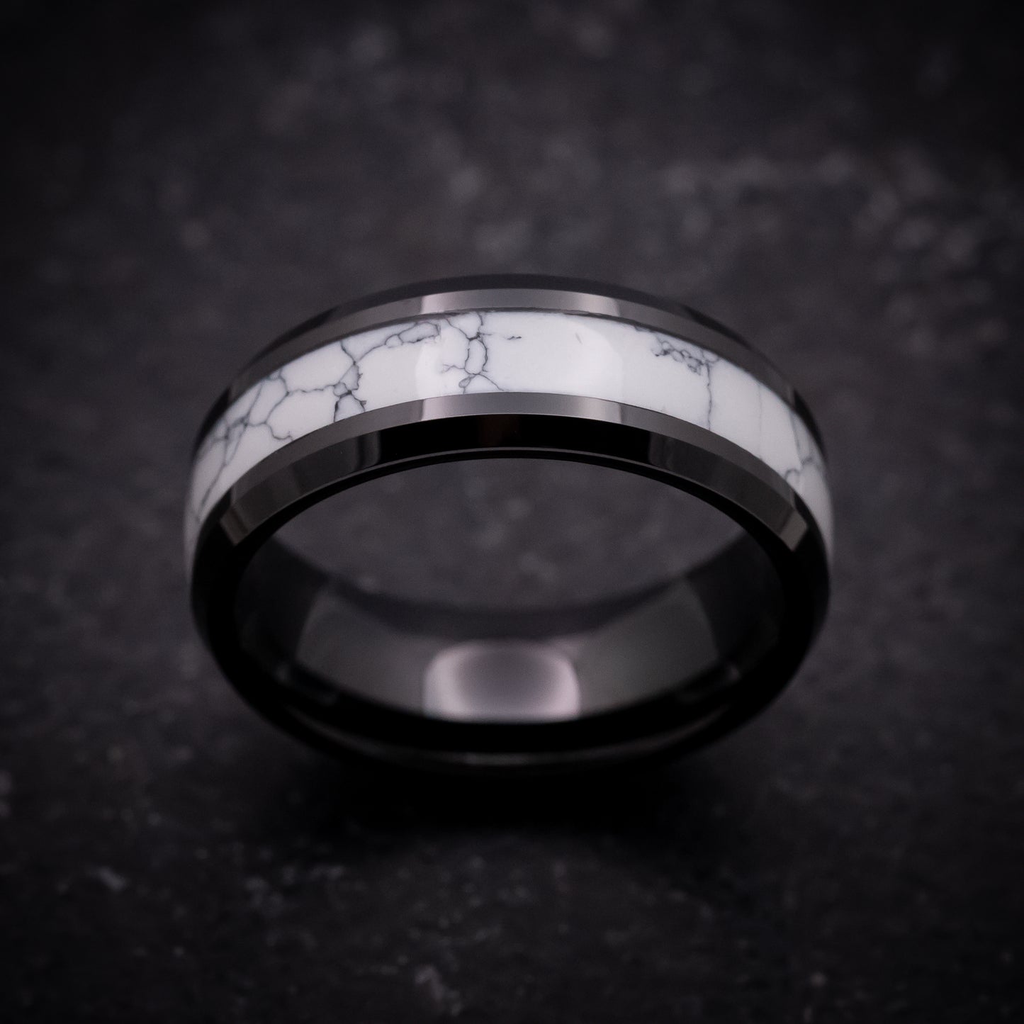 Black Tungsten Ring with White Marble Inlay