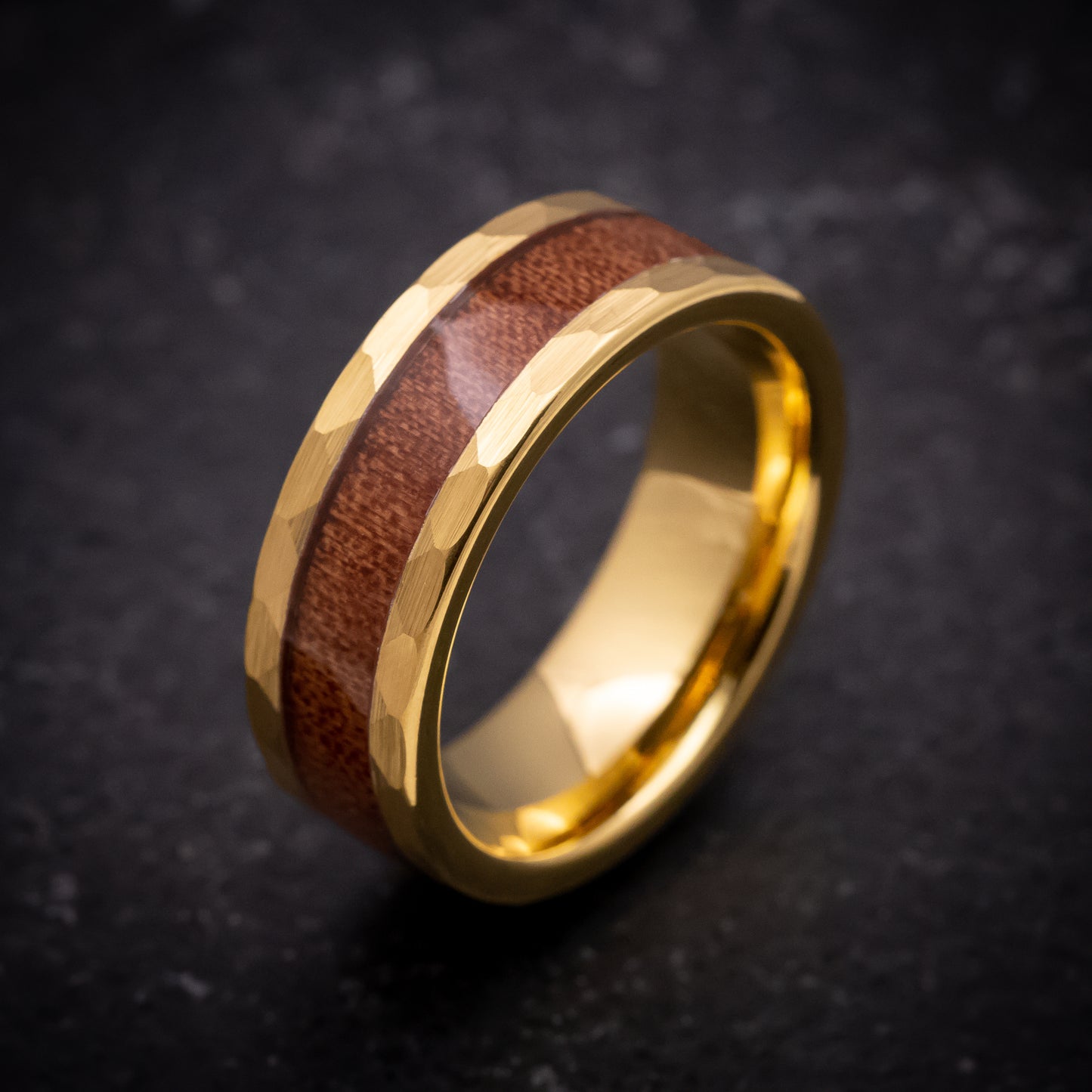 Yellow Gold Tungsten Ring with Hawaiian Koa Wood Inlay