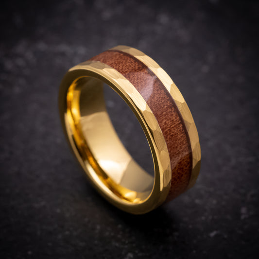 Yellow Gold Tungsten Ring with Hawaiian Koa Wood Inlay