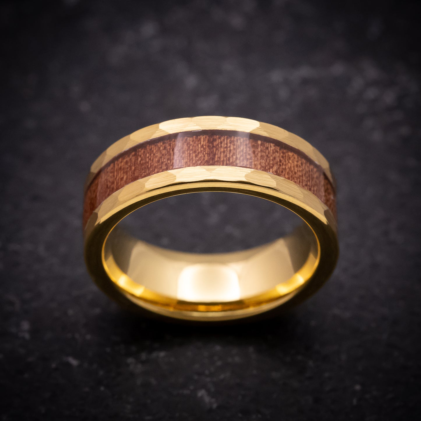 Yellow Gold Tungsten Ring with Hawaiian Koa Wood Inlay