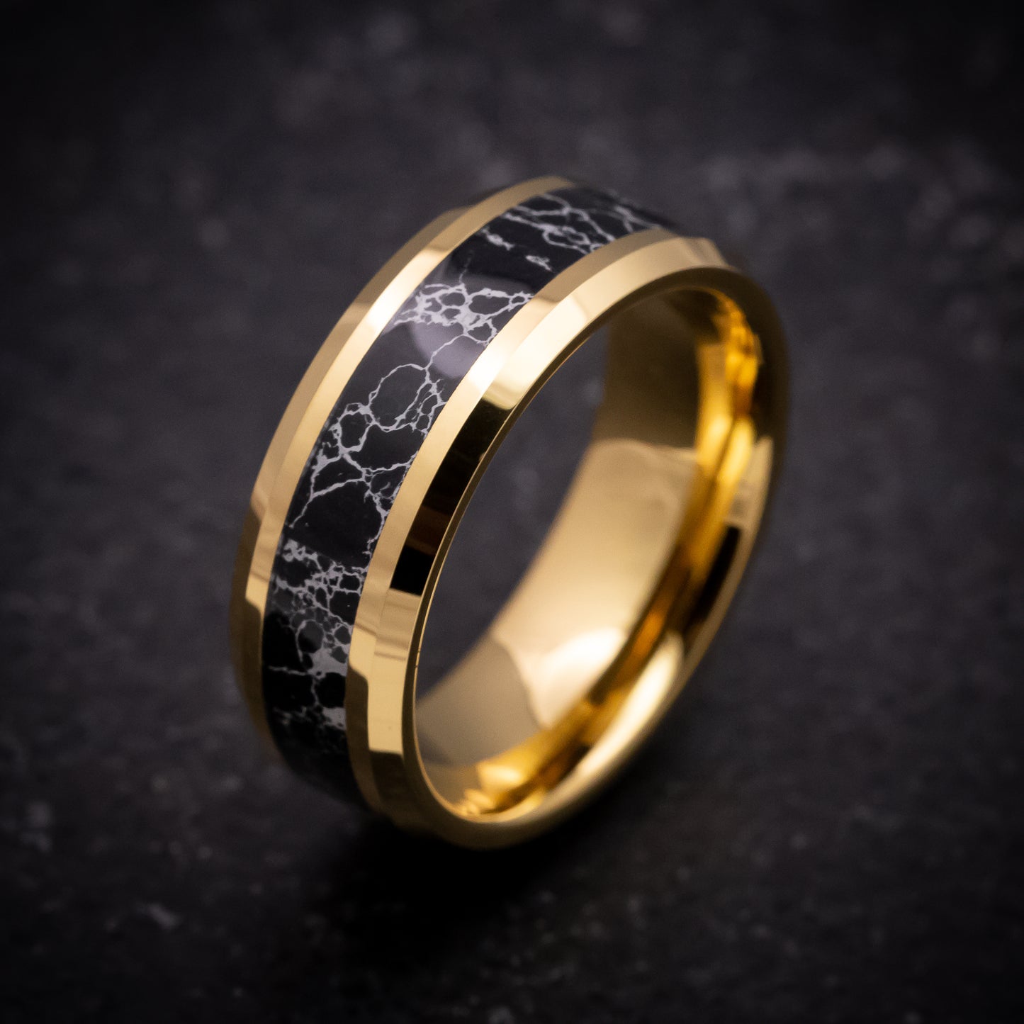 Yellow Gold Tungsten Ring with Black Turquoise Inlay