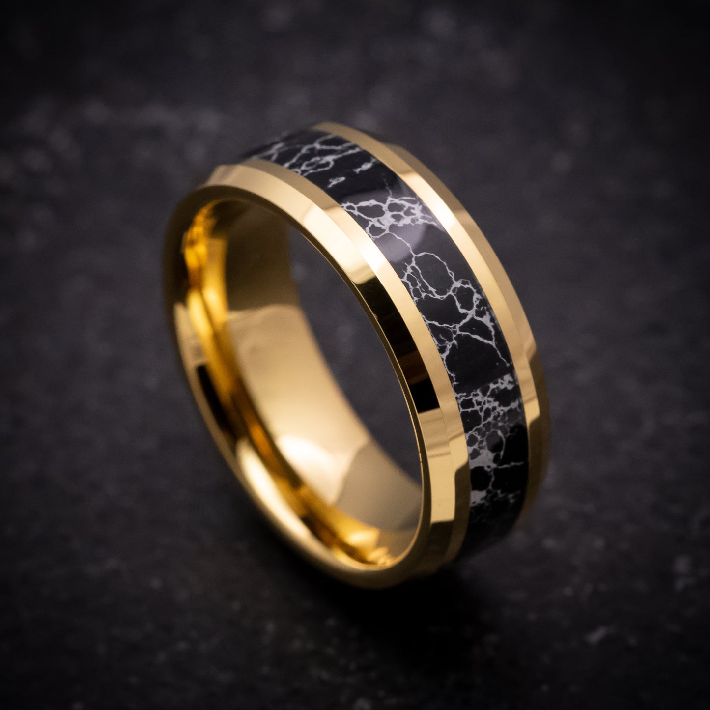 Yellow Gold Tungsten Ring with Black Turquoise Inlay