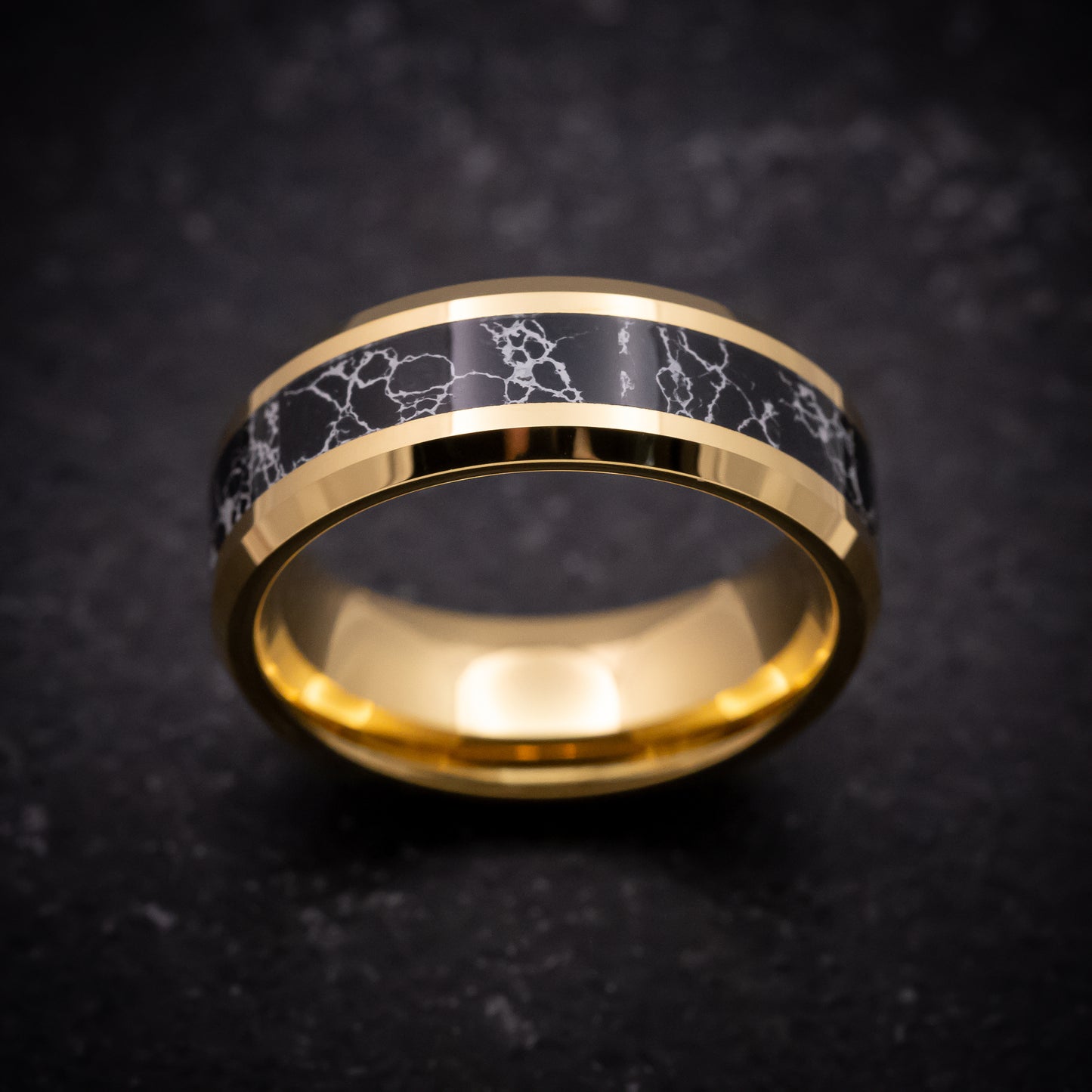 Yellow Gold Tungsten Ring with Black Turquoise Inlay