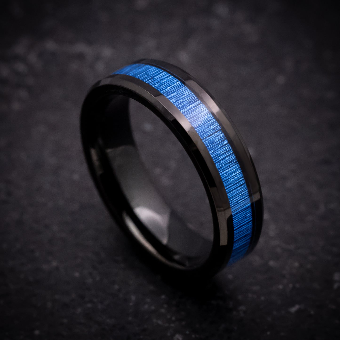 Black Tungsten Ring with Blue Bamboo Inlay