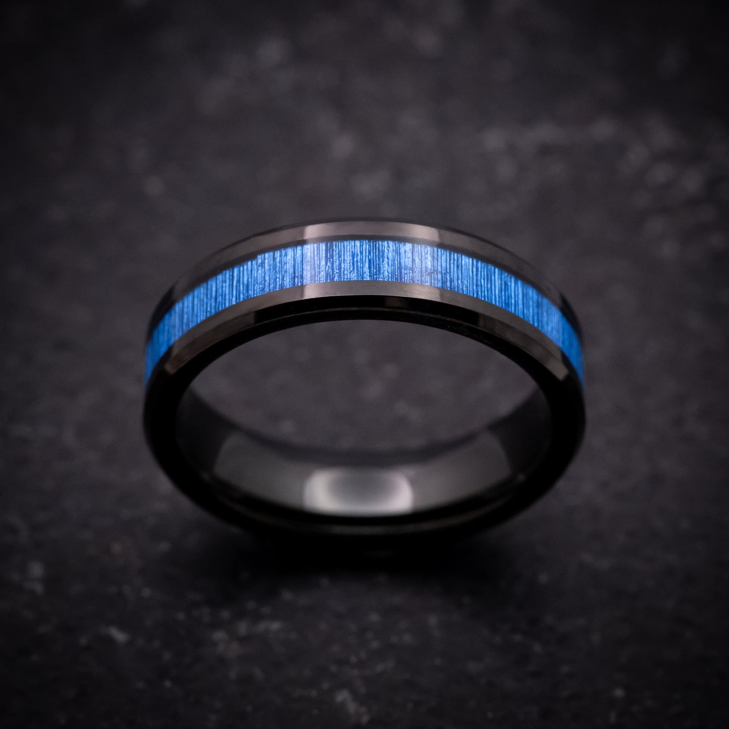 Black Tungsten Ring with Blue Bamboo Inlay