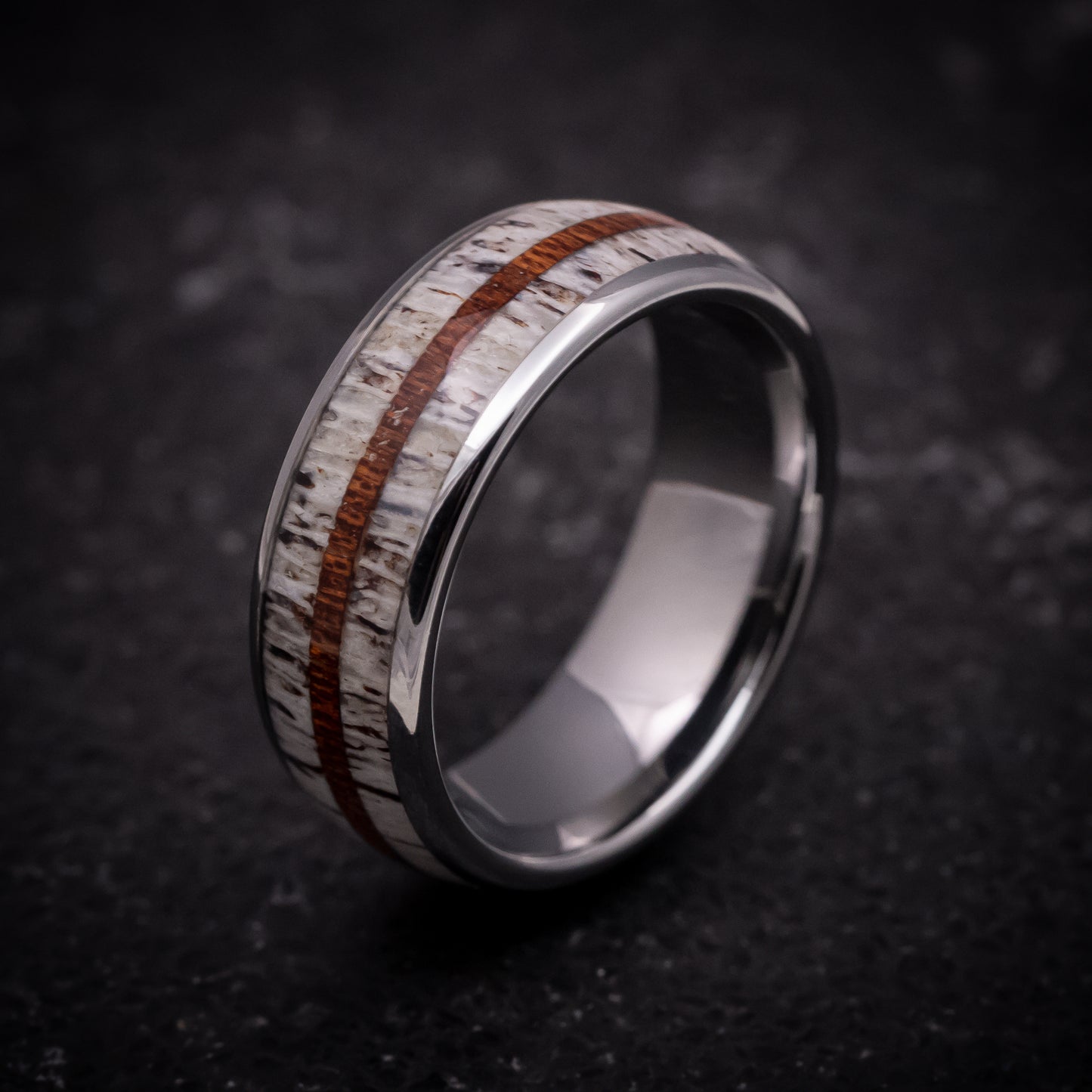 Tungsten Ring with Antler and Wood Inlays