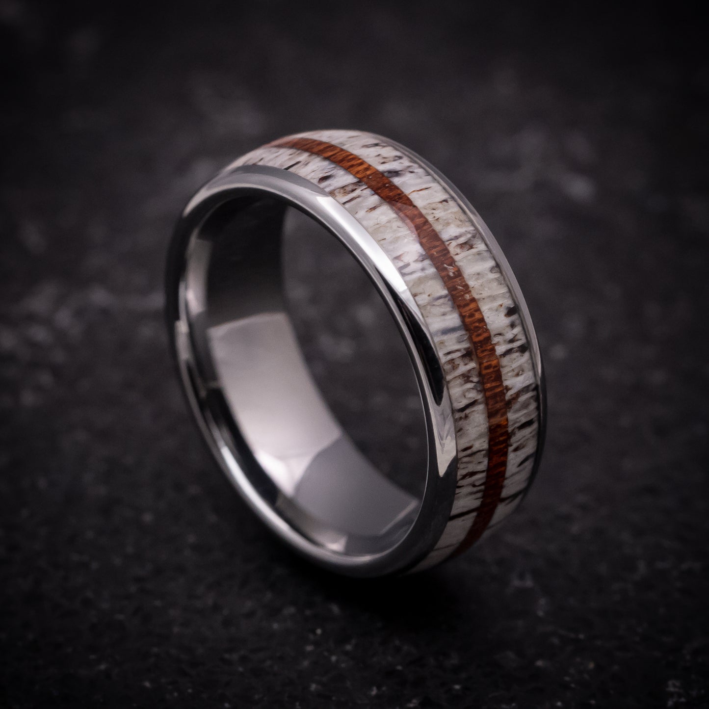 Tungsten Ring with Antler and Wood Inlays