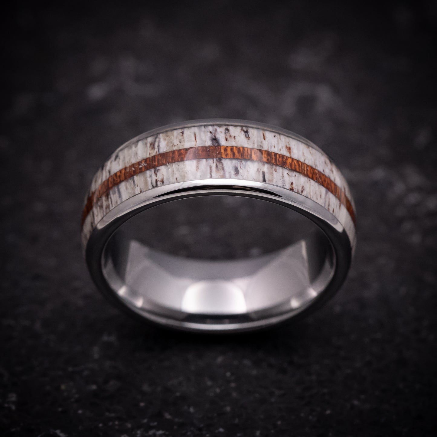 Tungsten Ring with Antler and Wood Inlays