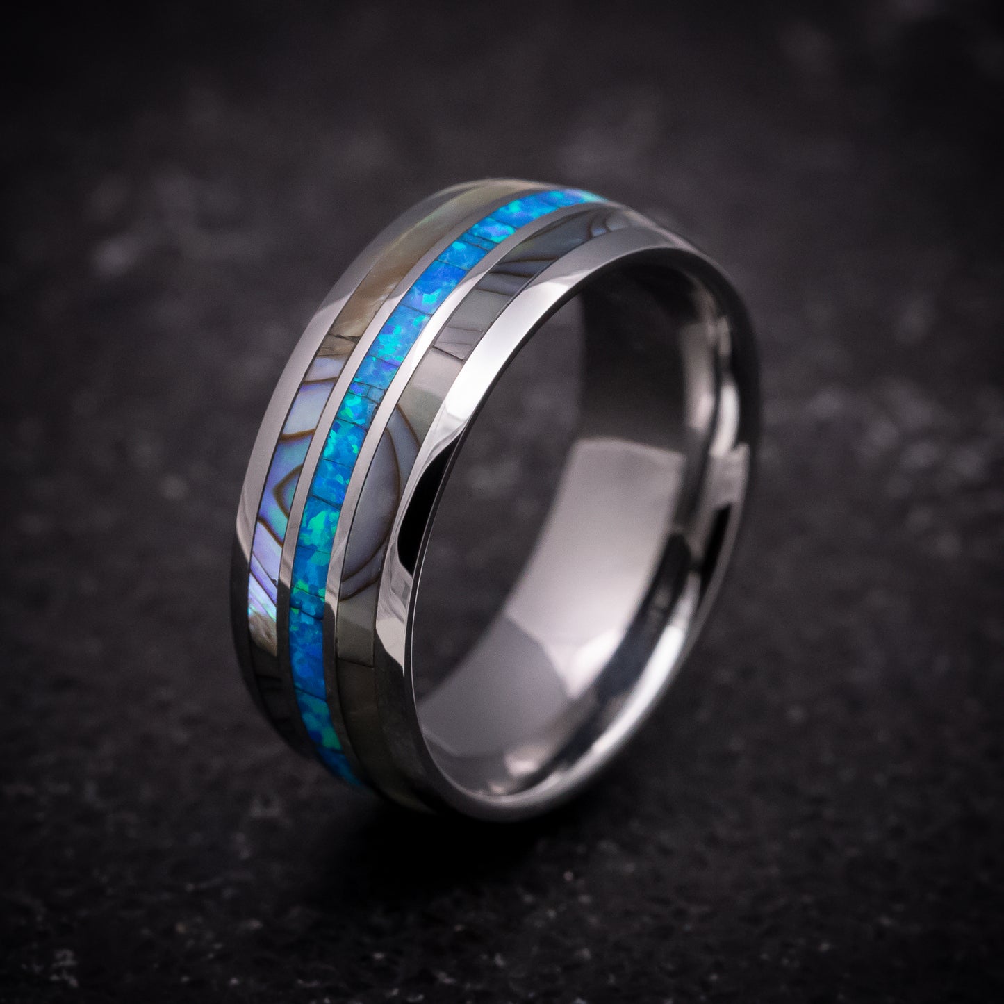 Tungsten Ring with Opal and Mother of Pearl Inlays