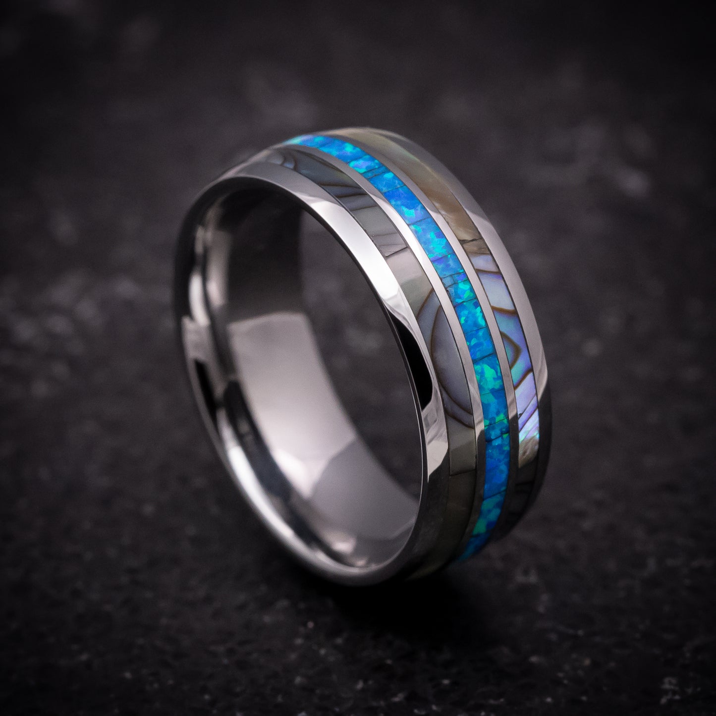 Tungsten Ring with Opal and Mother of Pearl Inlays