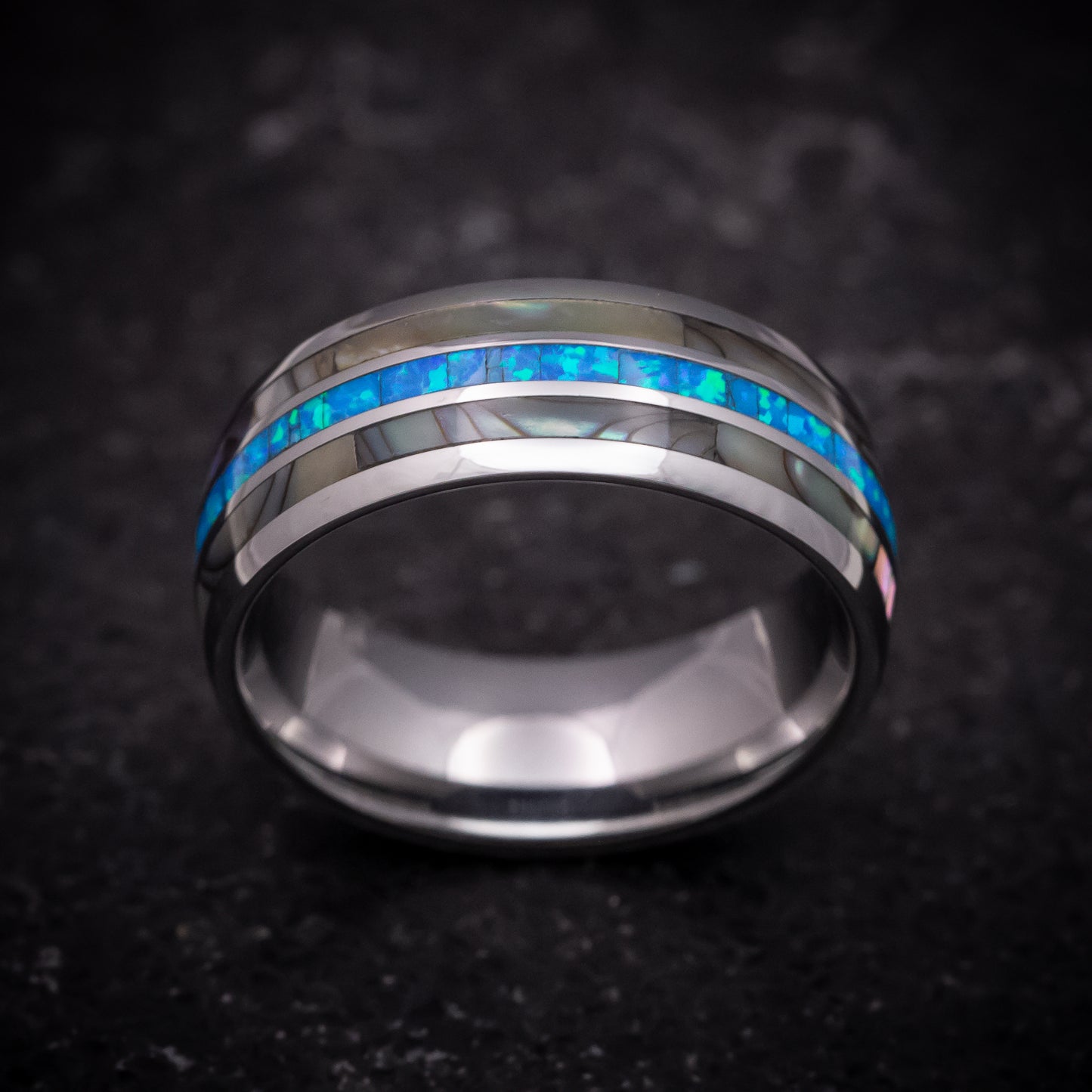 Tungsten Ring with Opal and Mother of Pearl Inlays