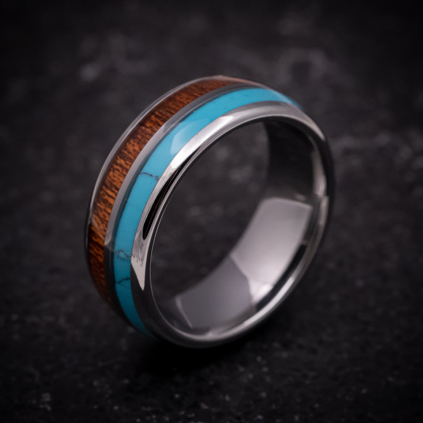 Tungsten Ring with Hawaiian Koa Wood and Turquoise Inlays