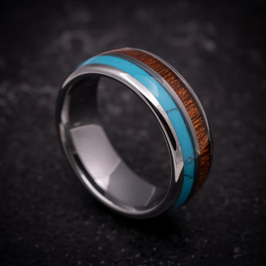 Tungsten Ring with Hawaiian Koa Wood and Turquoise Inlays