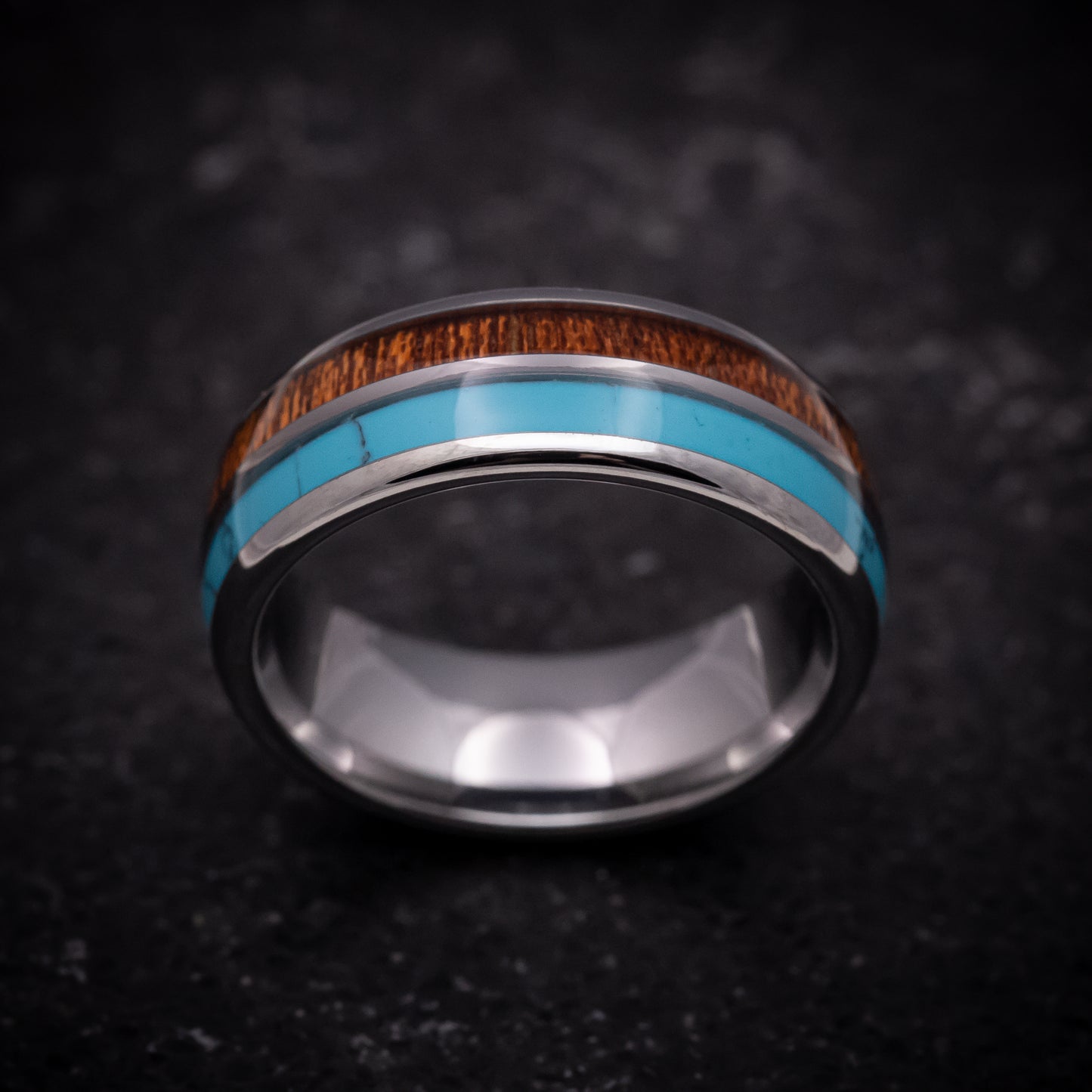 Tungsten Ring with Hawaiian Koa Wood and Turquoise Inlays