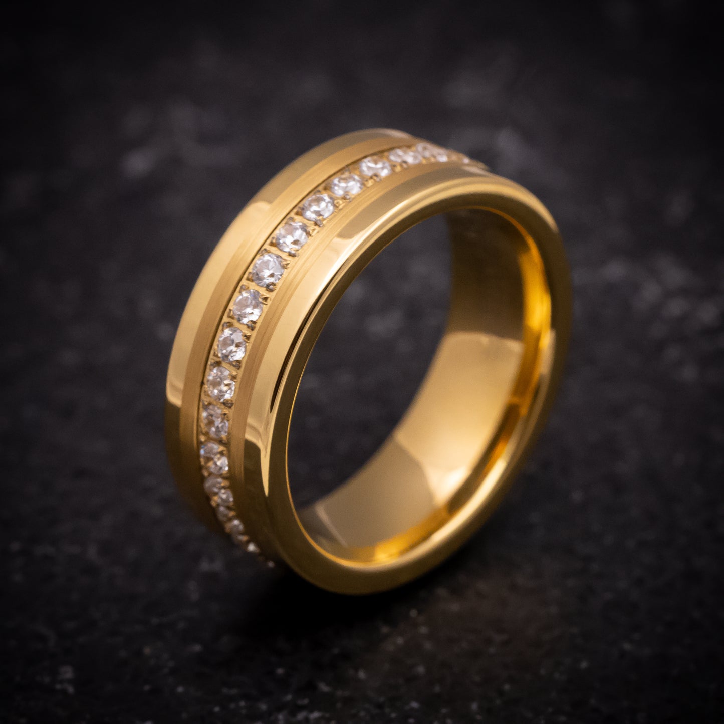 Yellow Gold Tungsten Ring with White Stones