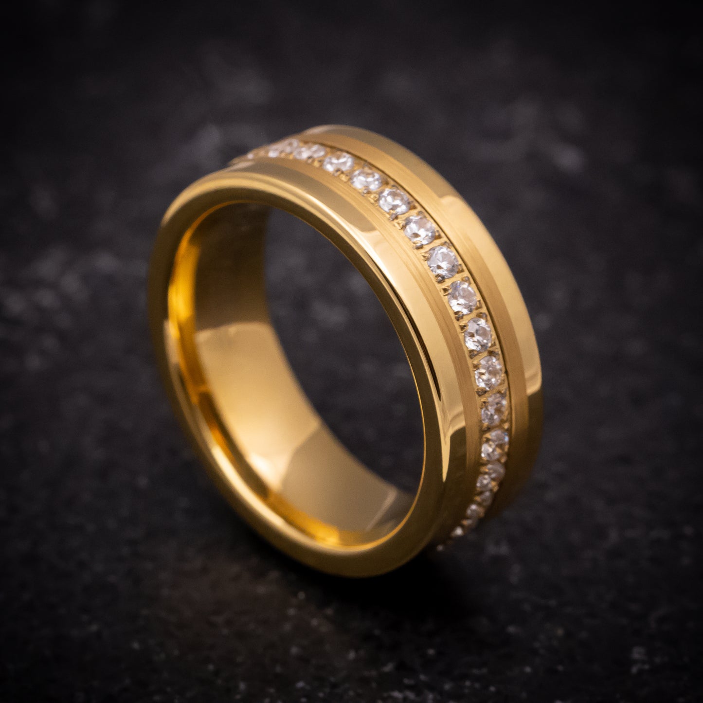 Yellow Gold Tungsten Ring with White Stones