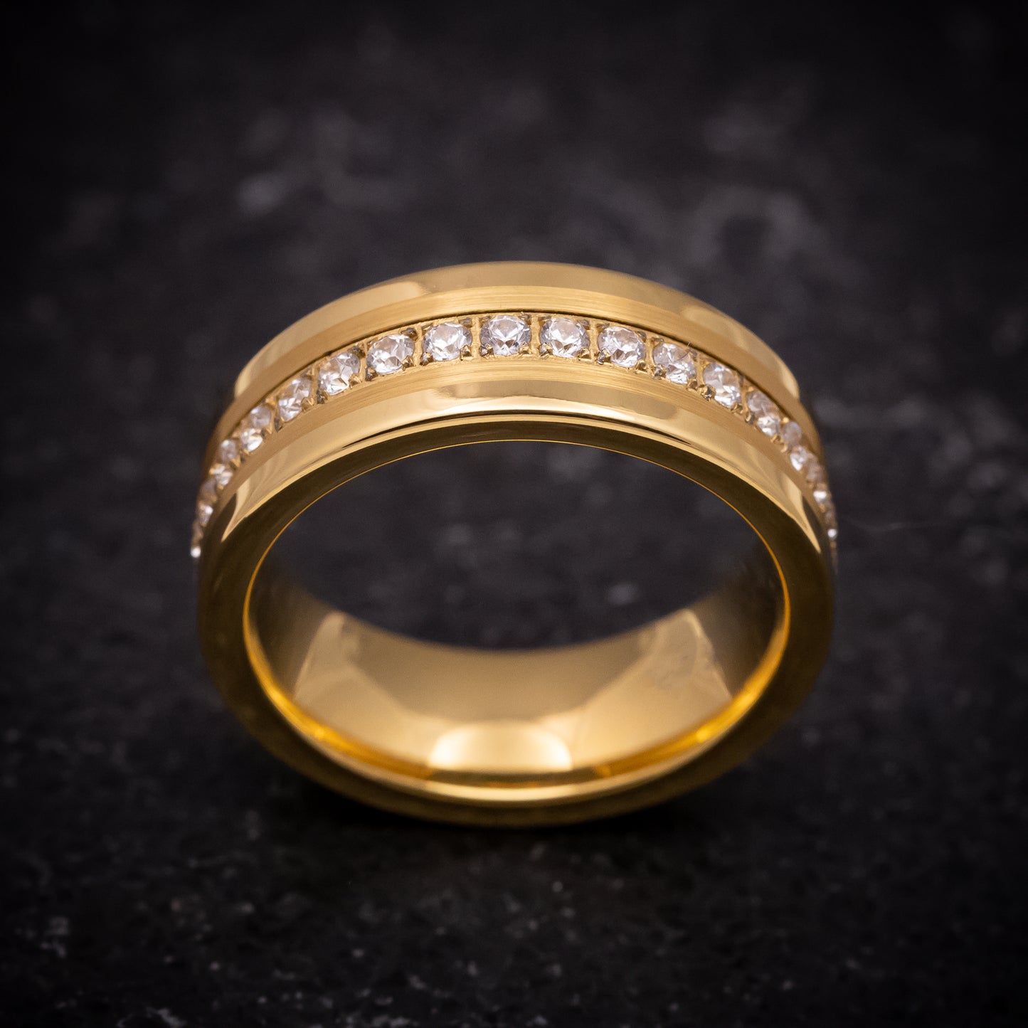 Yellow Gold Tungsten Ring with White Stones