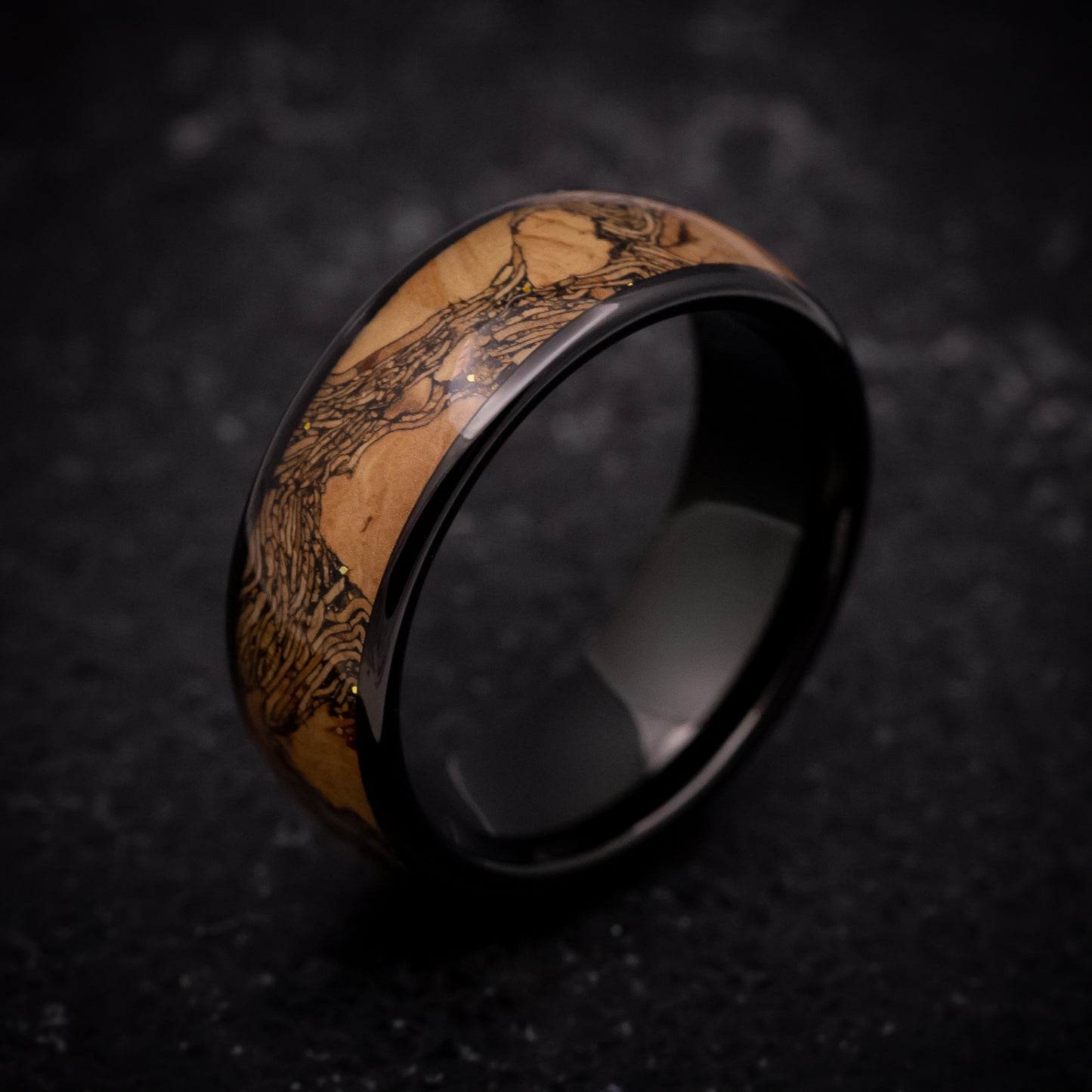 Black Tungsten Ring with Cork and Gold Inlay