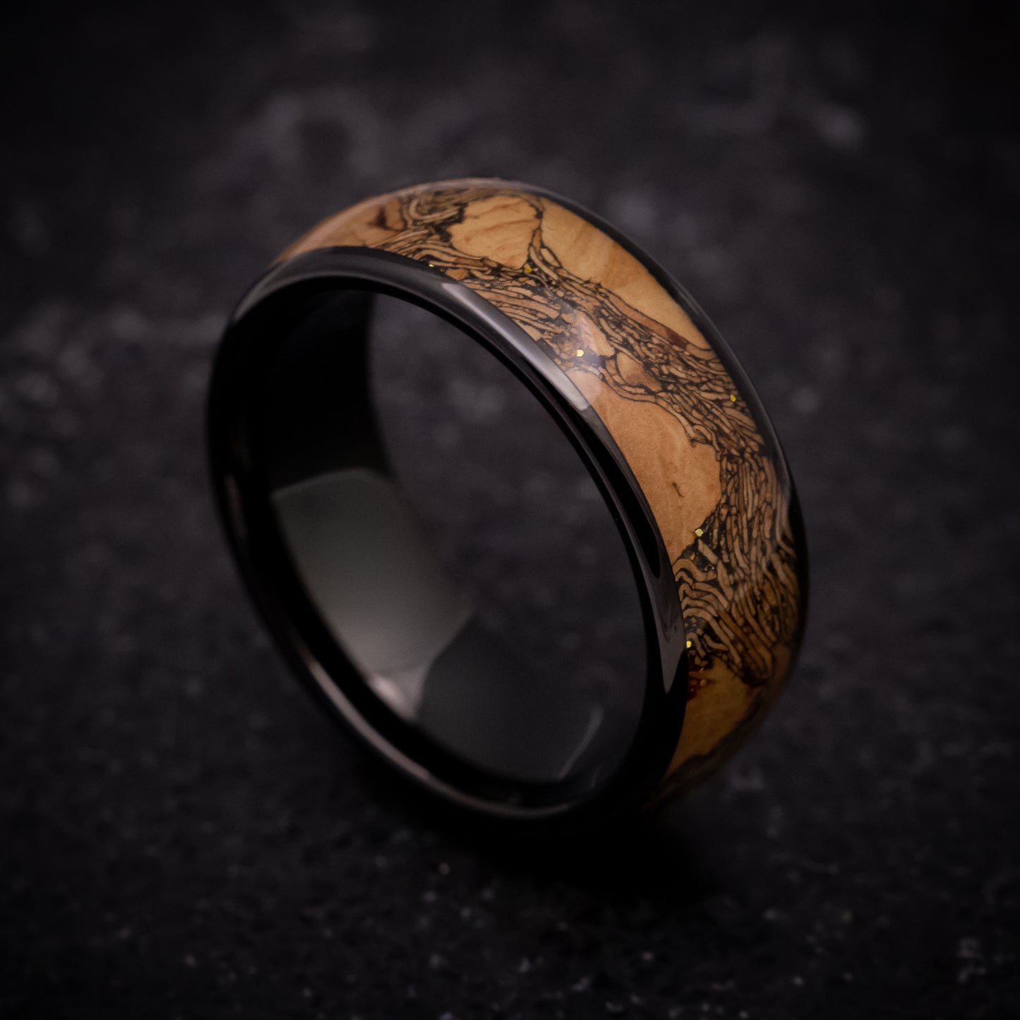 Black Tungsten Ring with Cork and Gold Inlay