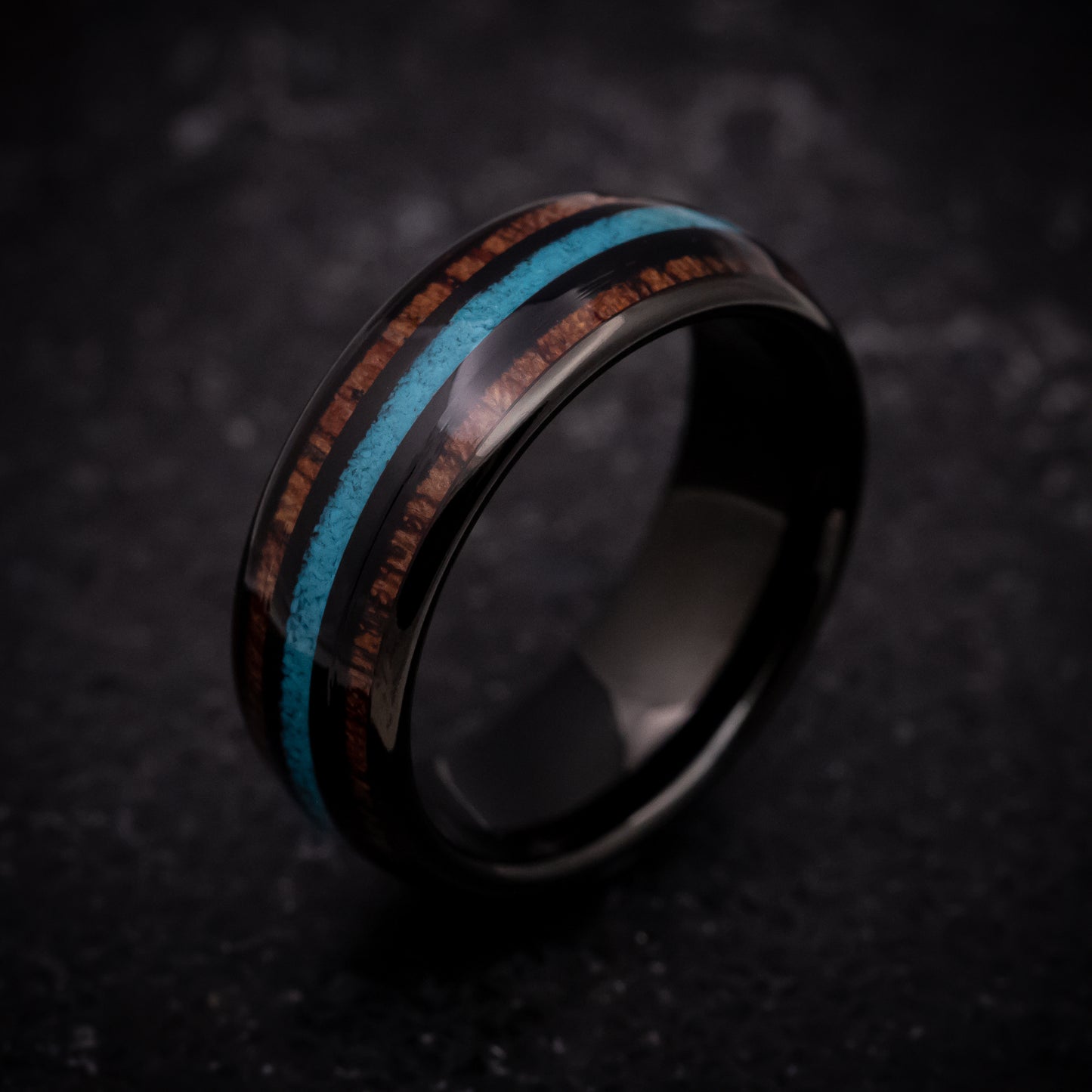 Black Tungsten Ring with Hawaiian Koa Wood and Turquoise Inlays