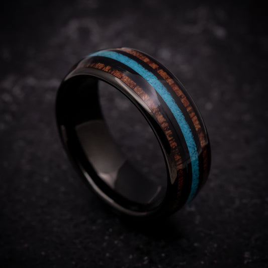 Black Tungsten Ring with Hawaiian Koa Wood and Turquoise Inlays