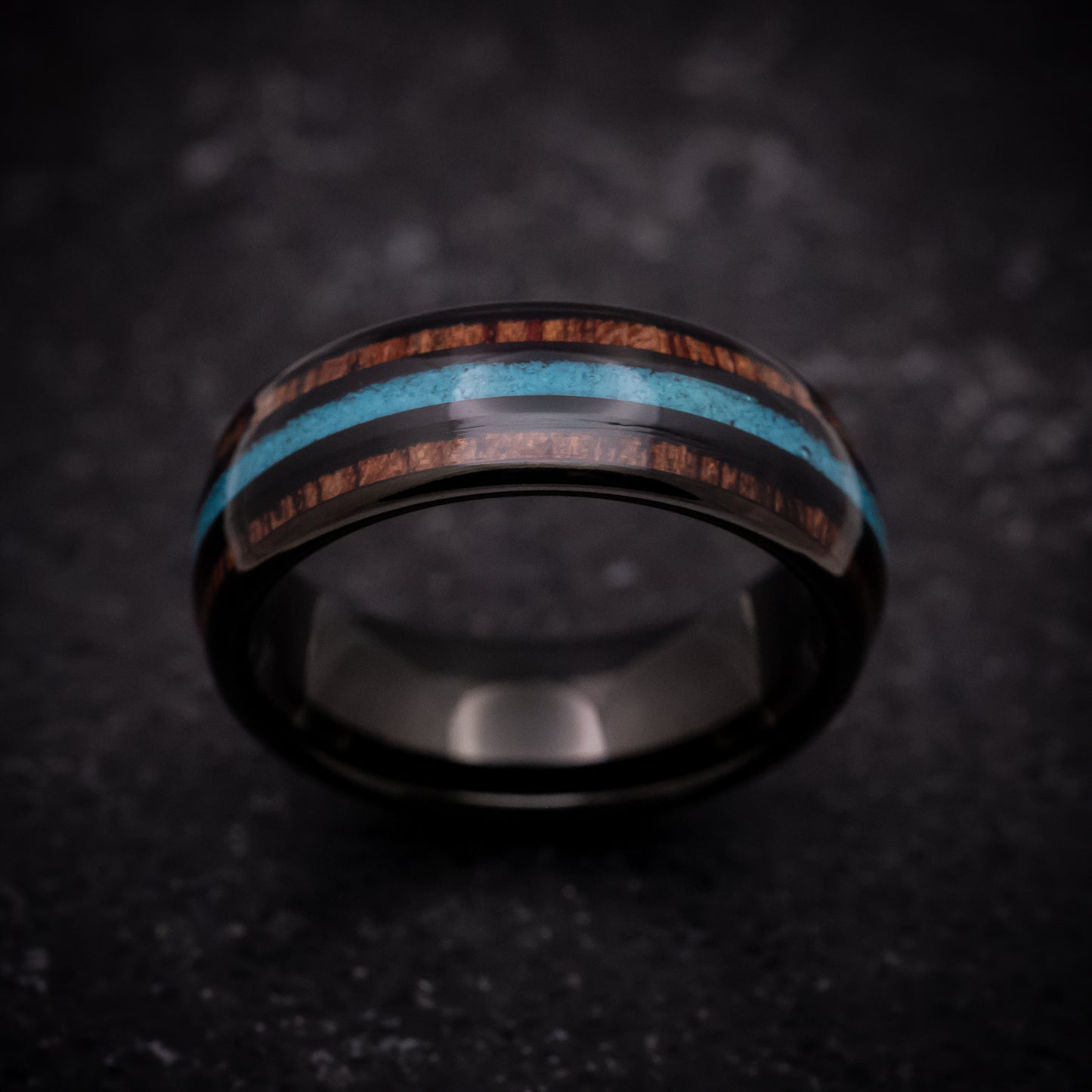 Black Tungsten Ring with Hawaiian Koa Wood and Turquoise Inlays