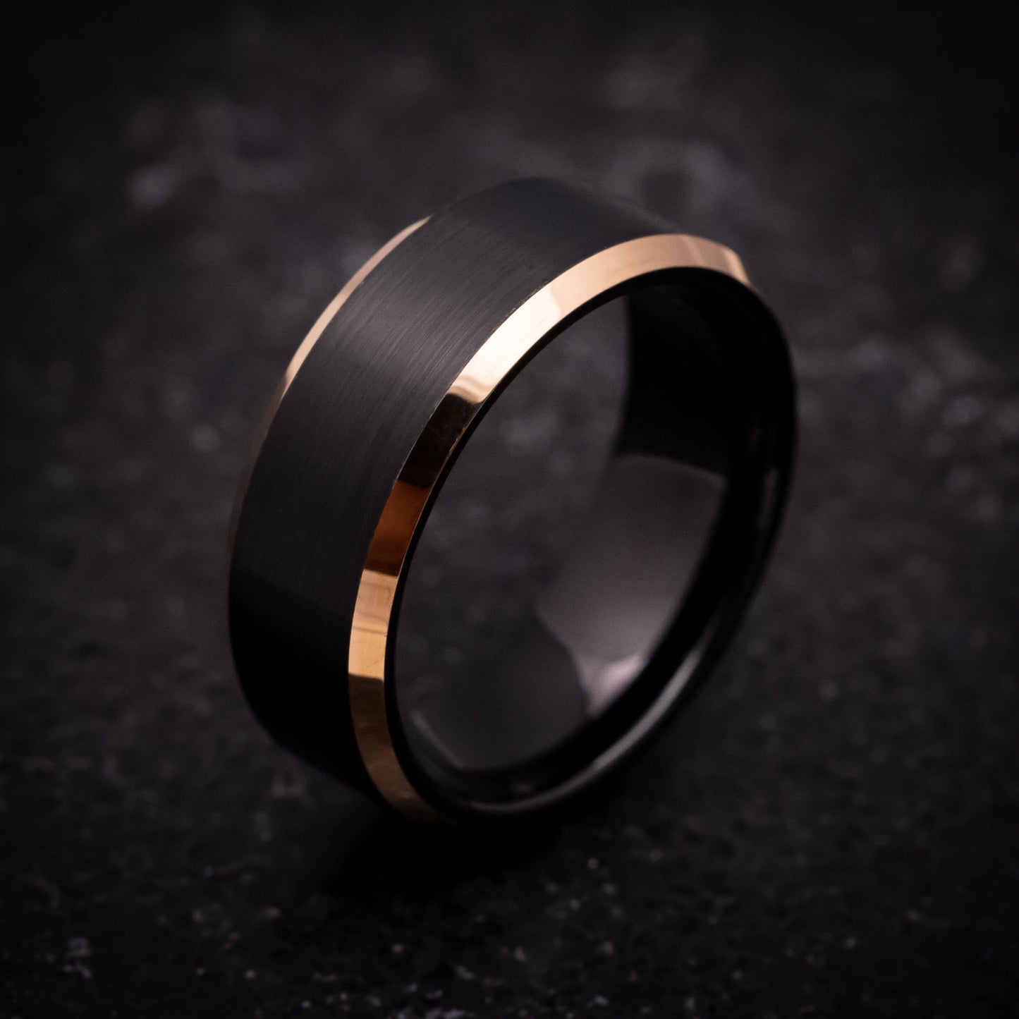 Black Tungsten Ring with Rose Gold Edges