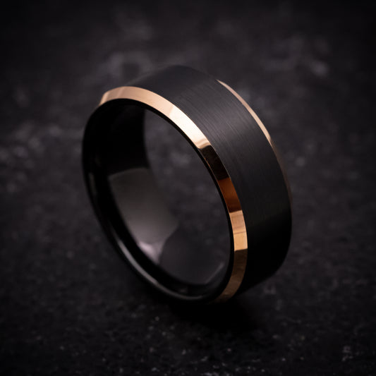 Black Tungsten Ring with Rose Gold Edges