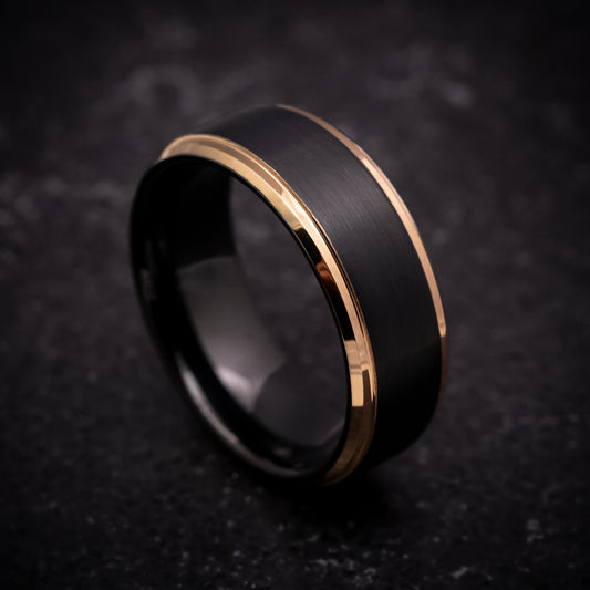 Black Tungsten Ring with Rose Gold Edges